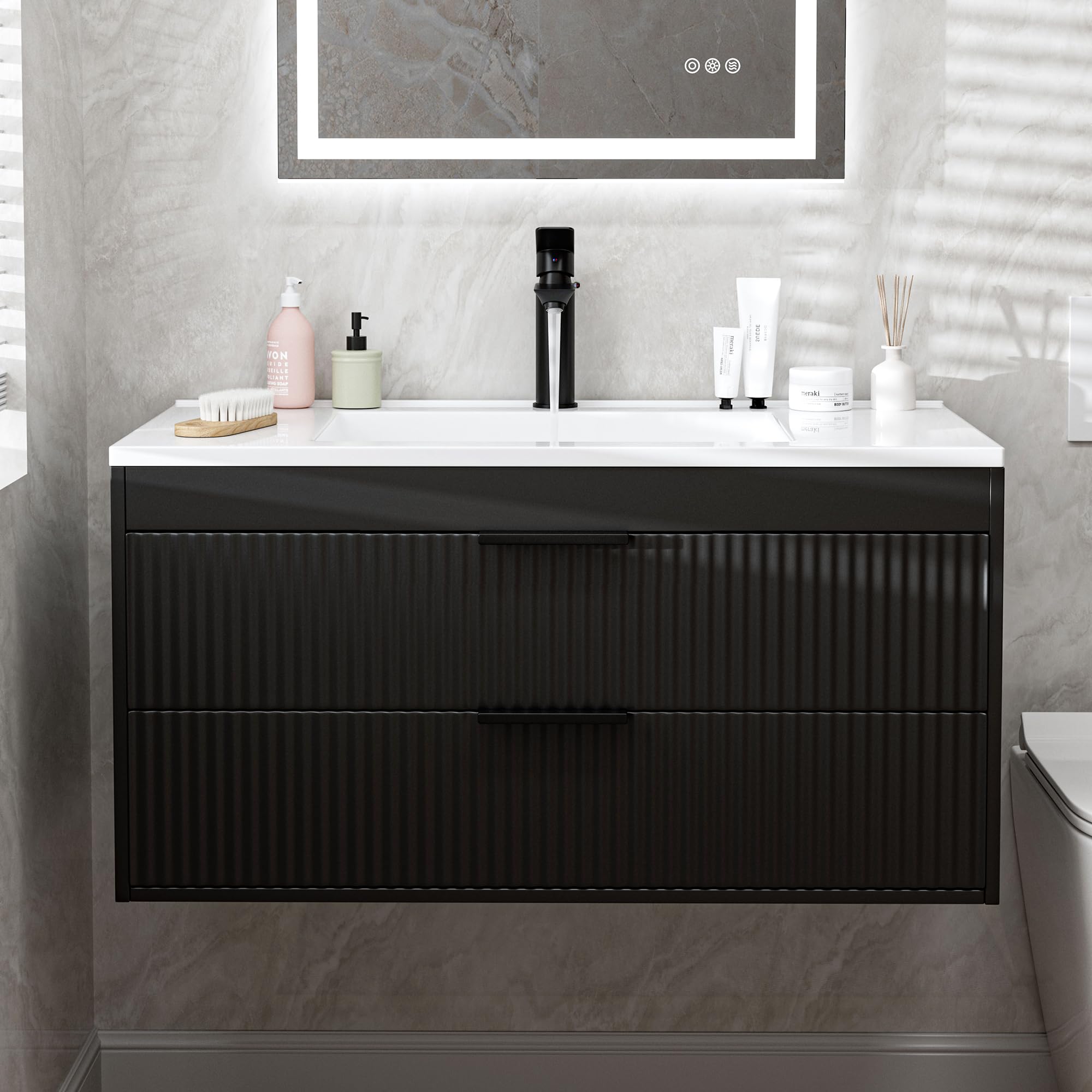 24 Inches Modern MDF Bathroom Vanity with Sink, Wall Mounted Floating Cabinets w/Double Drawers, Black Handles, White Resin Sink Combo Set (Black, 24")