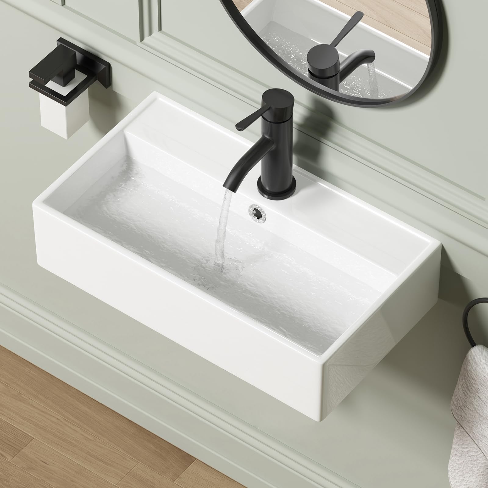 Wall Mounted Bathroom Vessel Sink, QISHKA 15" X 12" Rectangular Floating Ceramic Wash Hand Basin White Wall Hung Vanity Sink for Bathroom and Cloakroom