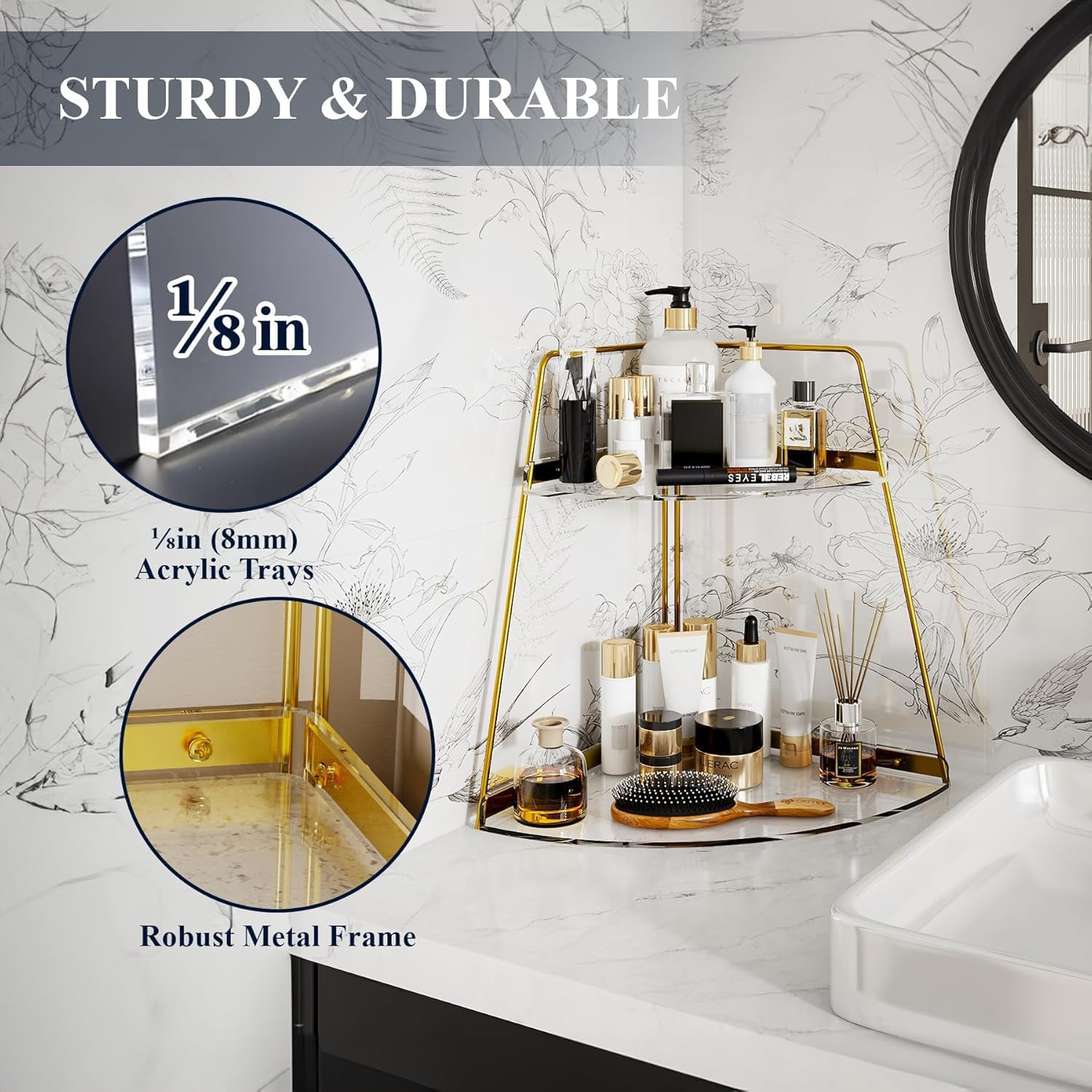 NiHome 2-Tier Acrylic Countertop Corner Organizer for Bathroom Kitchen Bedroom, Corner Skincare Organizers Makeup Organizer for Vanity Storage - Sturdy Metal Frame & Anti-Slip Pads, Home & Office Use