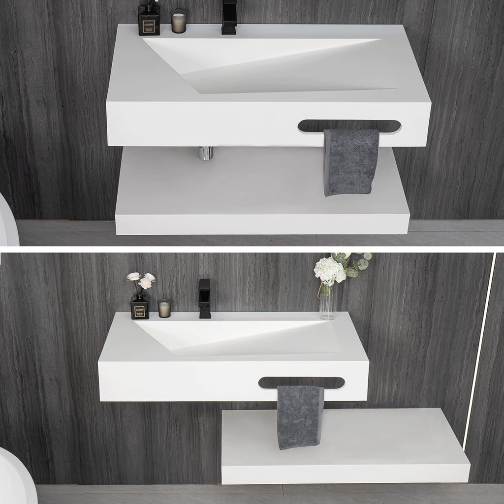 32"x19" Wall Mount Bathroom Vanity with Sink Stone Resin Floating Vanity Sink Rectangular Vessel Sinks for Bathroom White Trough Art Basin with Shelf Layer