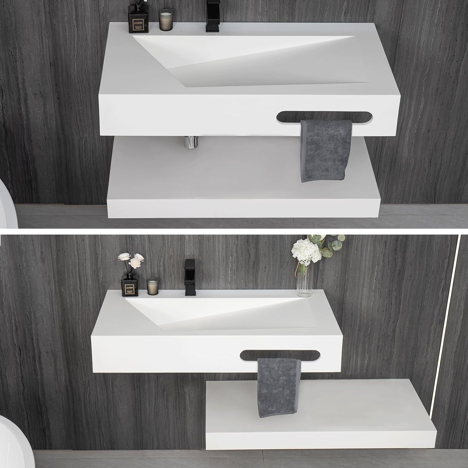32"x19" Wall Mount Bathroom Vanity with Sink Stone Resin Floating Vanity Sink Rectangular Vessel Sinks for Bathroom White Trough Art Basin with Shelf Layer