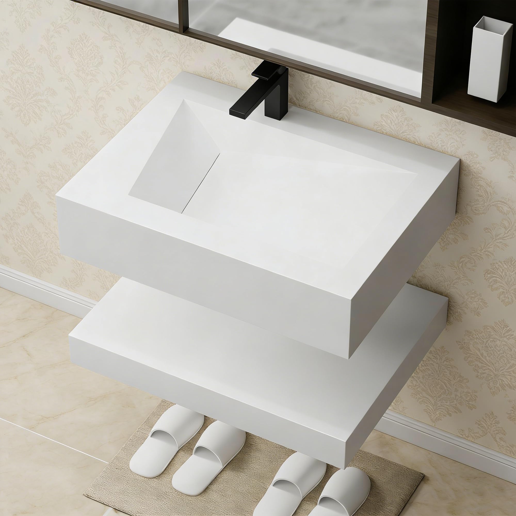 32"x19" Wall Mount Bathroom Vanity with Sink Stone Resin Floating Vanity Sink Rectangular Vessel Sinks for Bathroom White Trough Art Basin with Shelf Layer