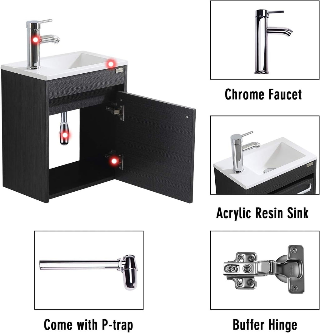 16 Inch Floating Vanity Bathroom Wall Mounted Vanity with Sink Basin & Chrome Faucet Set for Small Spaces (Black)
