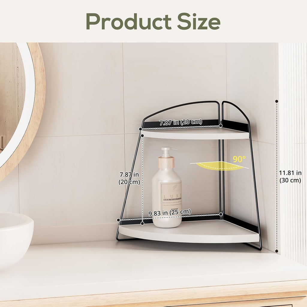 Puricon Bathroom Counter Organizer, 2 Tier Corner Countertop Storage Shelf Bathroom Sink Organizer, Wood Triangle Bathroom Organization for Skincare Kitchen Vanitity -White
