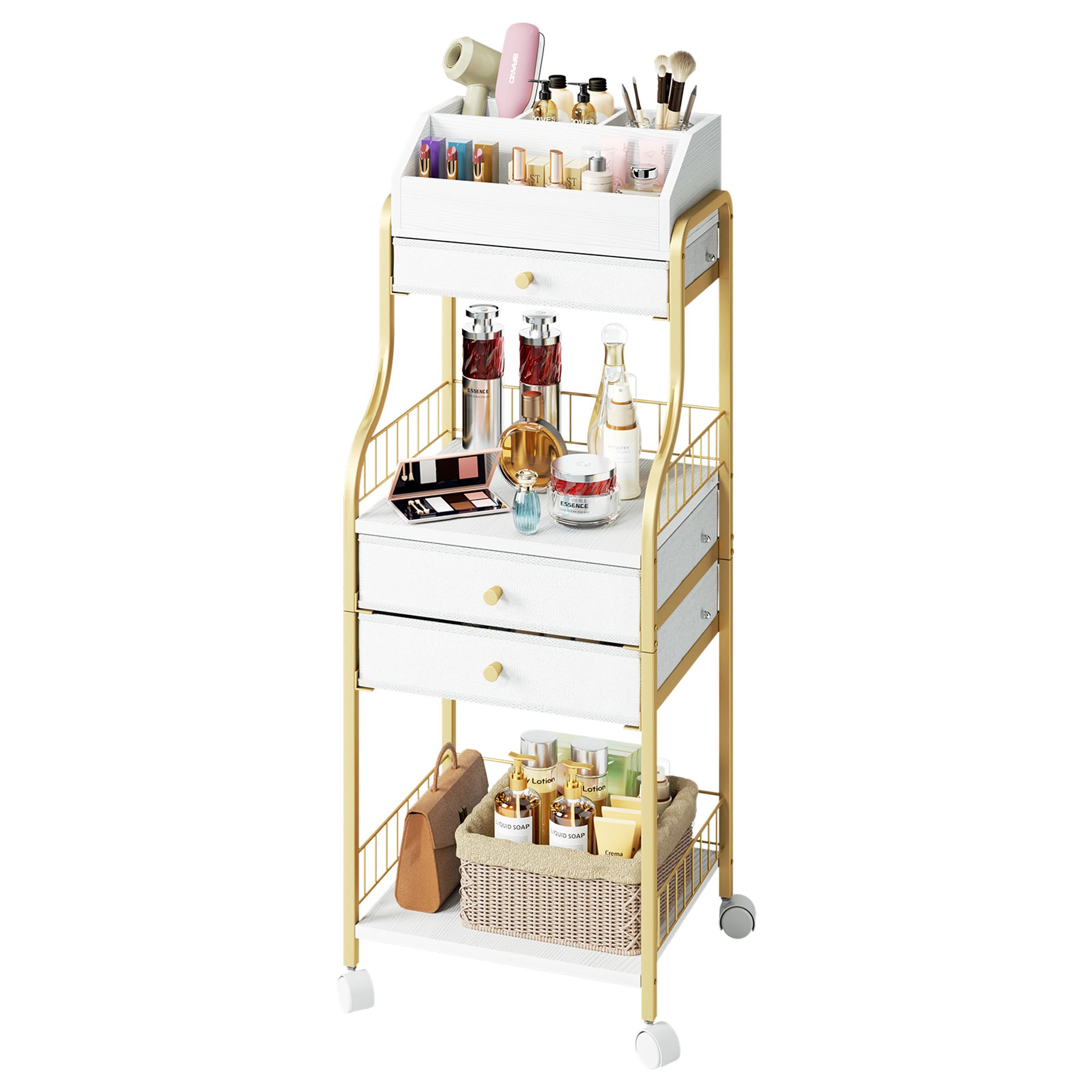 SWTYMIKI Rolling Makeup Organizer Cart - Floor Skincare Storage with Non-woven Drawers, Vanity Organizer Cosmetic Display Cases with Wheels, Cabinet for Skin Care Perfume Nail Polish Brush Hair Tool