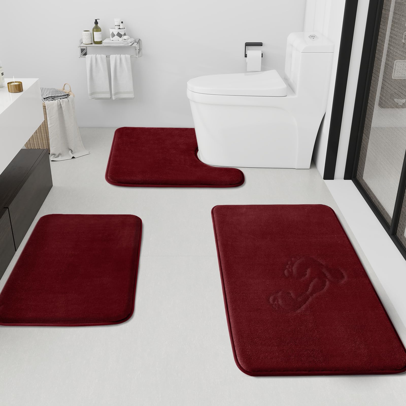 HUXMEYSON Bathroom Rugs Sets 3 Piece, Non-Slip & Quick Dry Bath Mat Set, Ultra Soft Velvet Bath Rugs for Bathroom, Toilet and Shower Floor, Grey