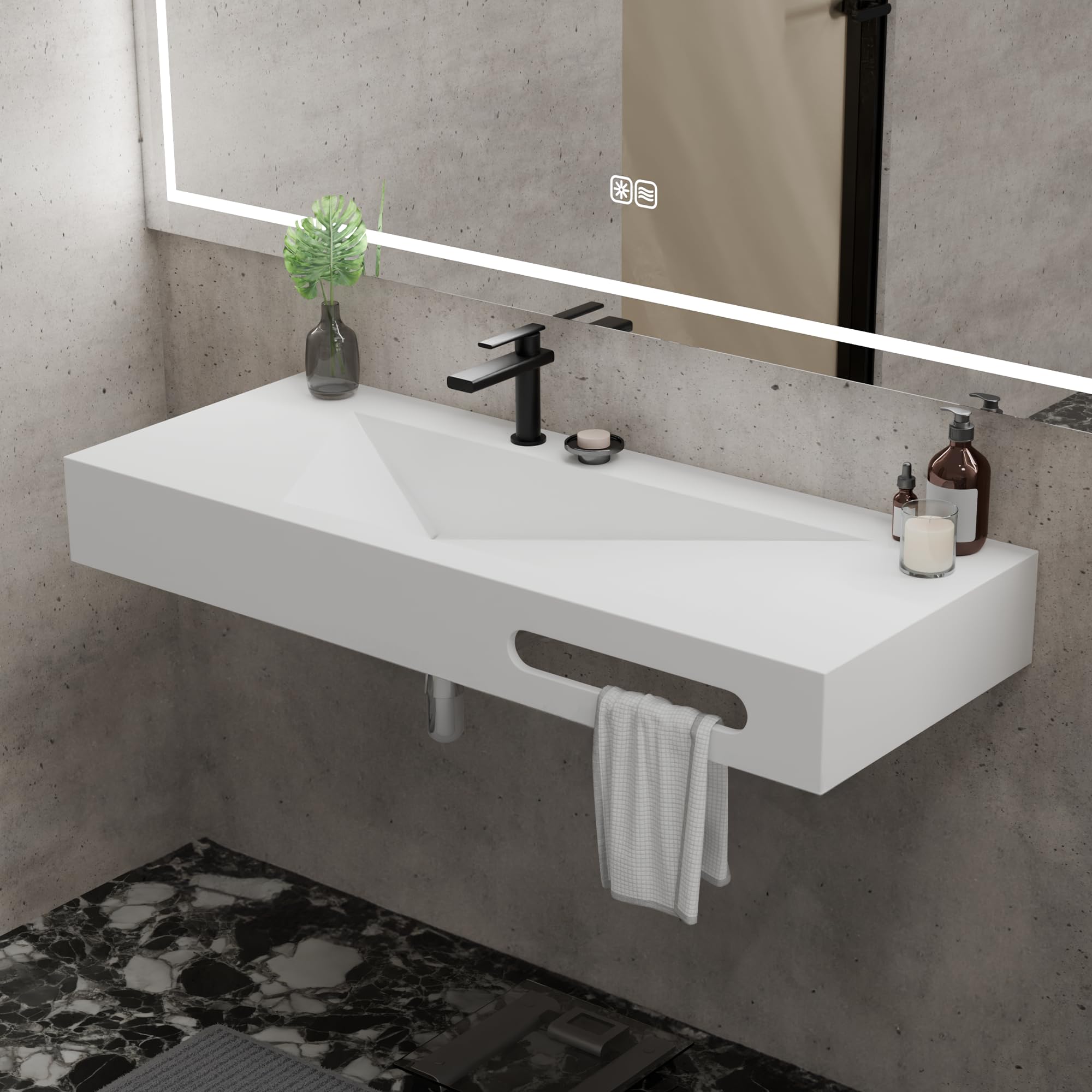 QJ&XY Resin Bathroom Sink 48" Wall Mounted V-Shaped White Basin with Towel Rack, Floating Vanity Sink in Soft-Touch Finish (Double Tier)