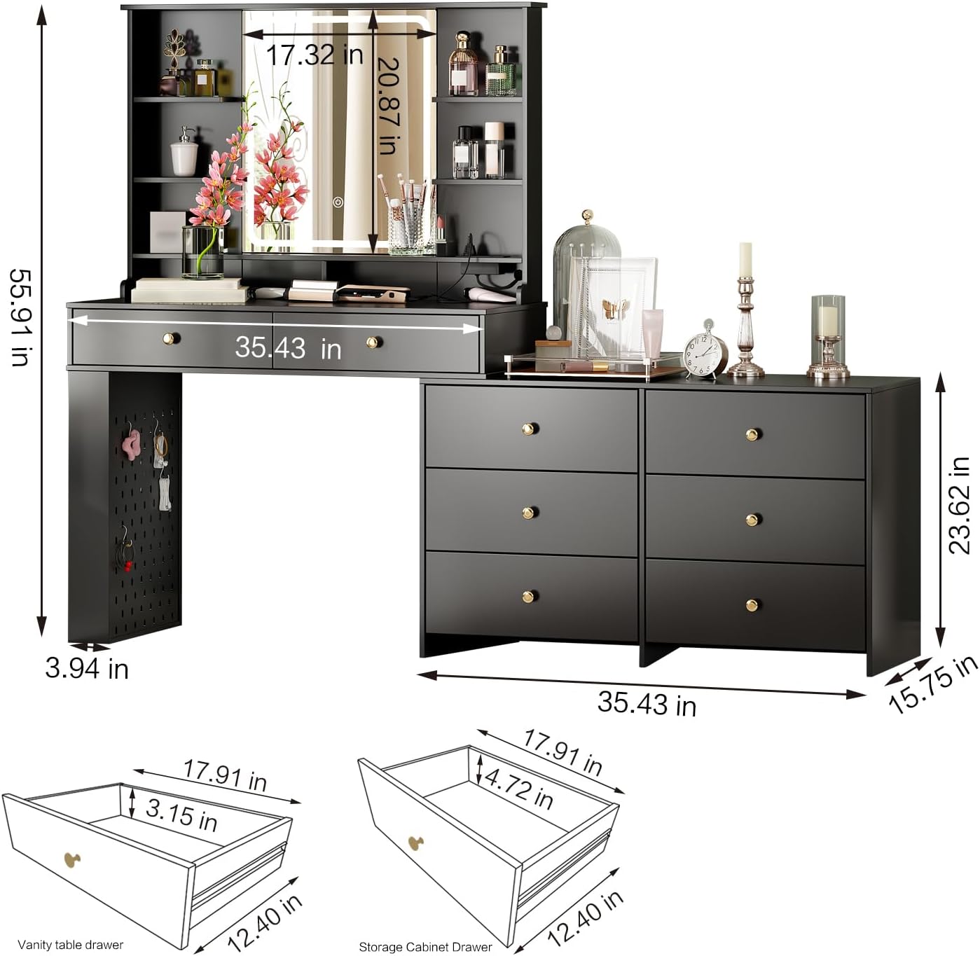 Ieejdn Makeup Vanity Desk with Mirror and Lights, Vanity Desk with 8 Drawers & Storage Shelves, Vanity Table with Power Outlet, 3 Color Modes & Adjustable Brightness Dressing Table, Bedroom,Black