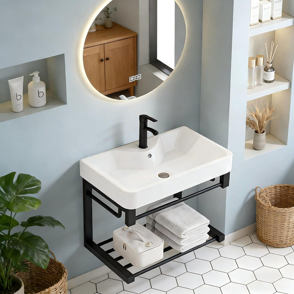 20-inch black floating wall-mounted bathroom sink with ceramic basin and open shelf, compact design specifically designed for small spaces