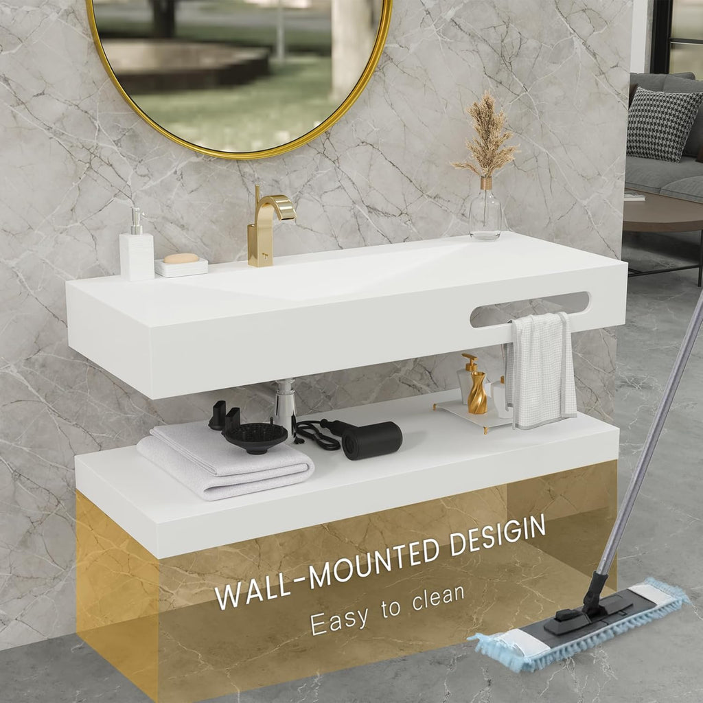 QJ&XY Resin Bathroom Sink 48" Wall Mounted V-Shaped White Basin with Towel Rack, Floating Vanity Sink in Soft-Touch Finish (Double Tier)