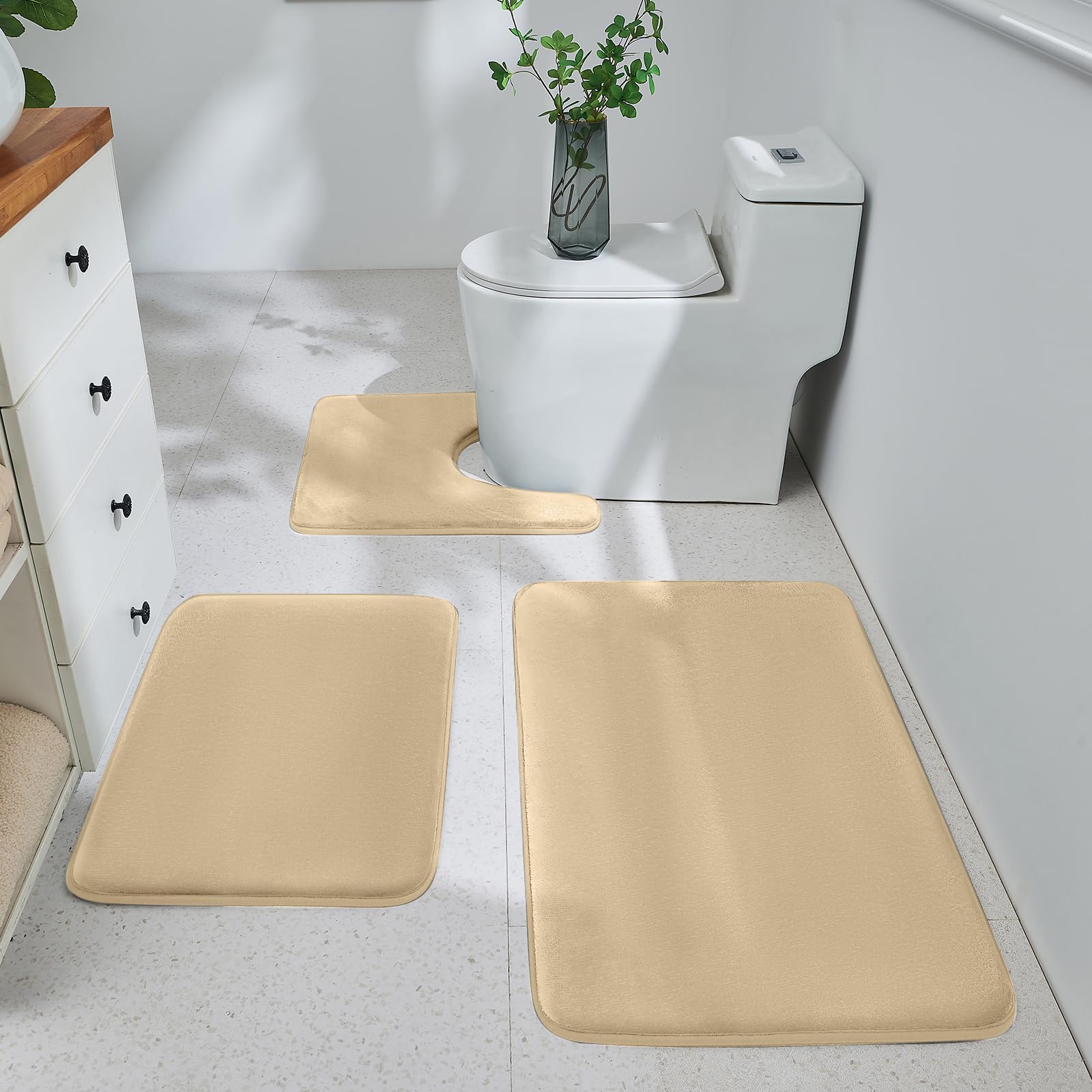 HUXMEYSON Bathroom Rugs Sets 3 Piece, Ultra Soft Velvet Memory Foam Bath Rugs, Non-Slip & PVC Backing Bathroom Mat Set, Washable Quick Dry Bath Rug - Grey
