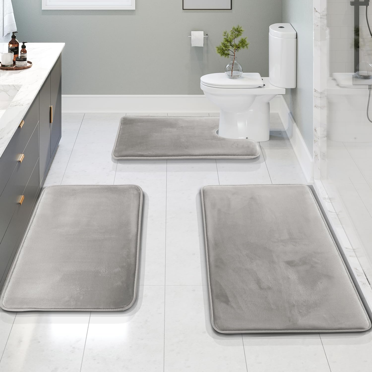 Clara Clark 3 Piece Bathroom Rugs Bath Mat Set, Velvet Memory Foam Bath Mats for Bathroom - Non-Slip, PVC Backing Bath Rugs, Washable - Dries Quickly, Black