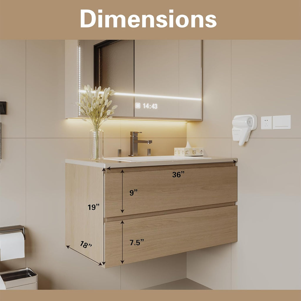 Wall-Mounted Bathroom Vanity 36" – Modern Floating Vanity with Soft-Close Drawers, Plywood Construction, Laminate Finish, Space-Saving Design (Cosmo Sand)