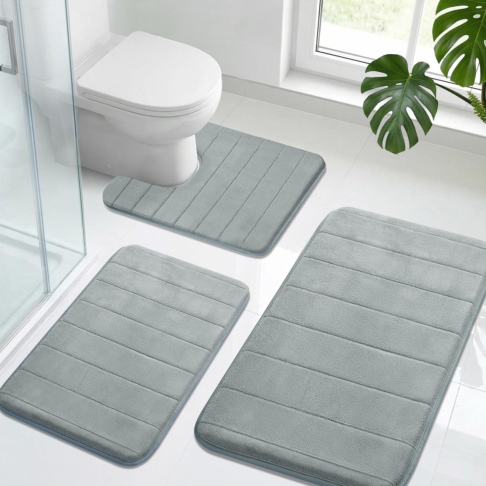 Neween Bathroom Rugs Set 3 Piece, Extra Soft Absorbent Non Slip Memory Foam Bath Mat Set, Thick & Quick Dry Washable Bath Rugs Bathroom Carpet Contour Toliet Mats for Floor, Tub, Shower (Dark Grey)