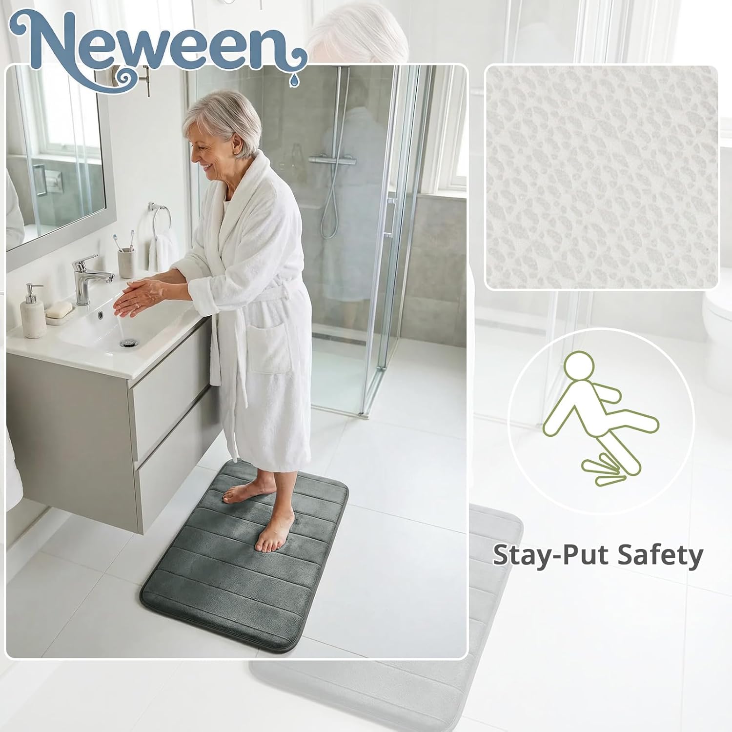 Neween Bathroom Rugs Set 3 Piece, Extra Soft Absorbent Non Slip Memory Foam Bath Mat Set, Thick & Quick Dry Washable Bath Rugs Bathroom Carpet Contour Toliet Mats for Floor, Tub, Shower (Dark Grey)