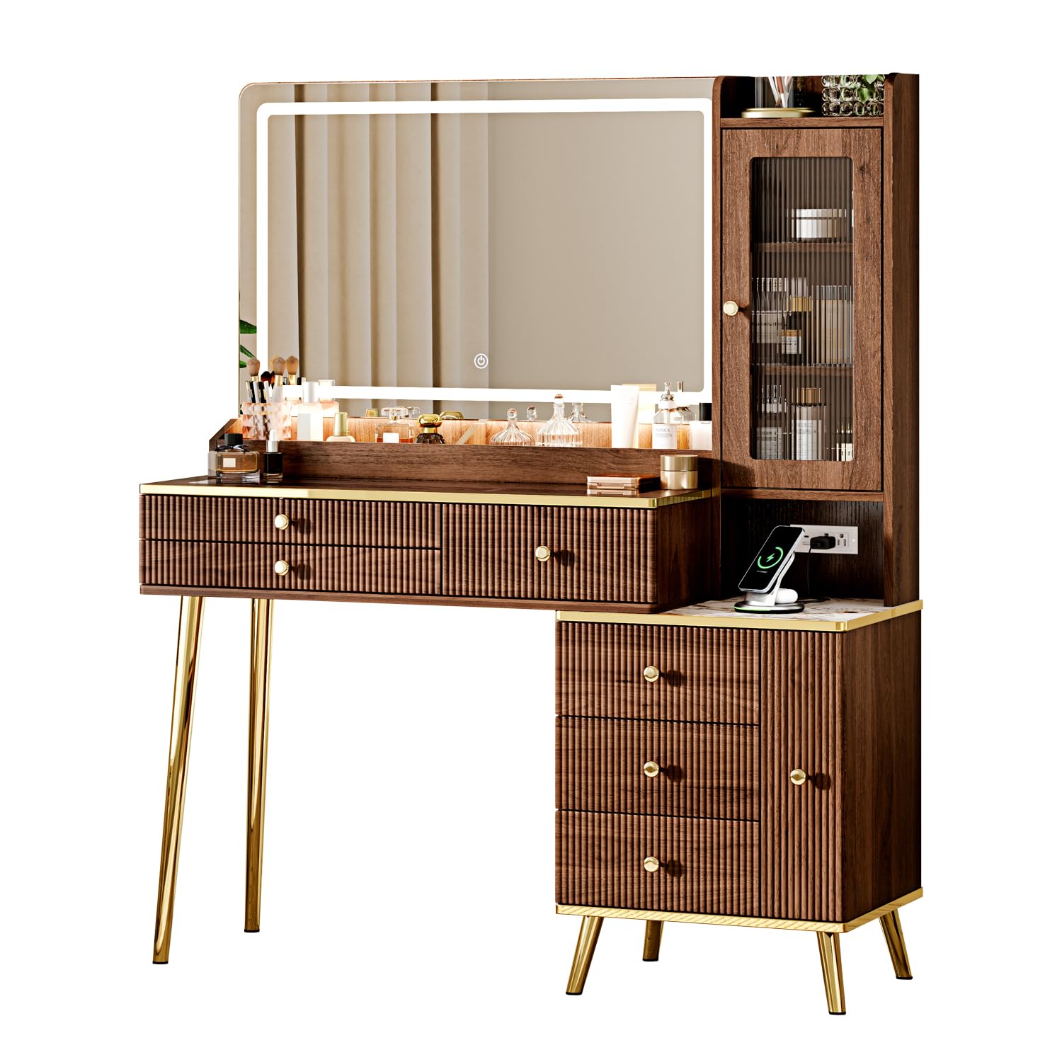 Arulvmrn Vanity Desk with 29.53" HD Lighted Mirror, 47.24" Big Modern Vanity Desk with Mirror and Lights, Makeup Vanity with 5 Drawers and Storage Shelves and Charging Station,Brown