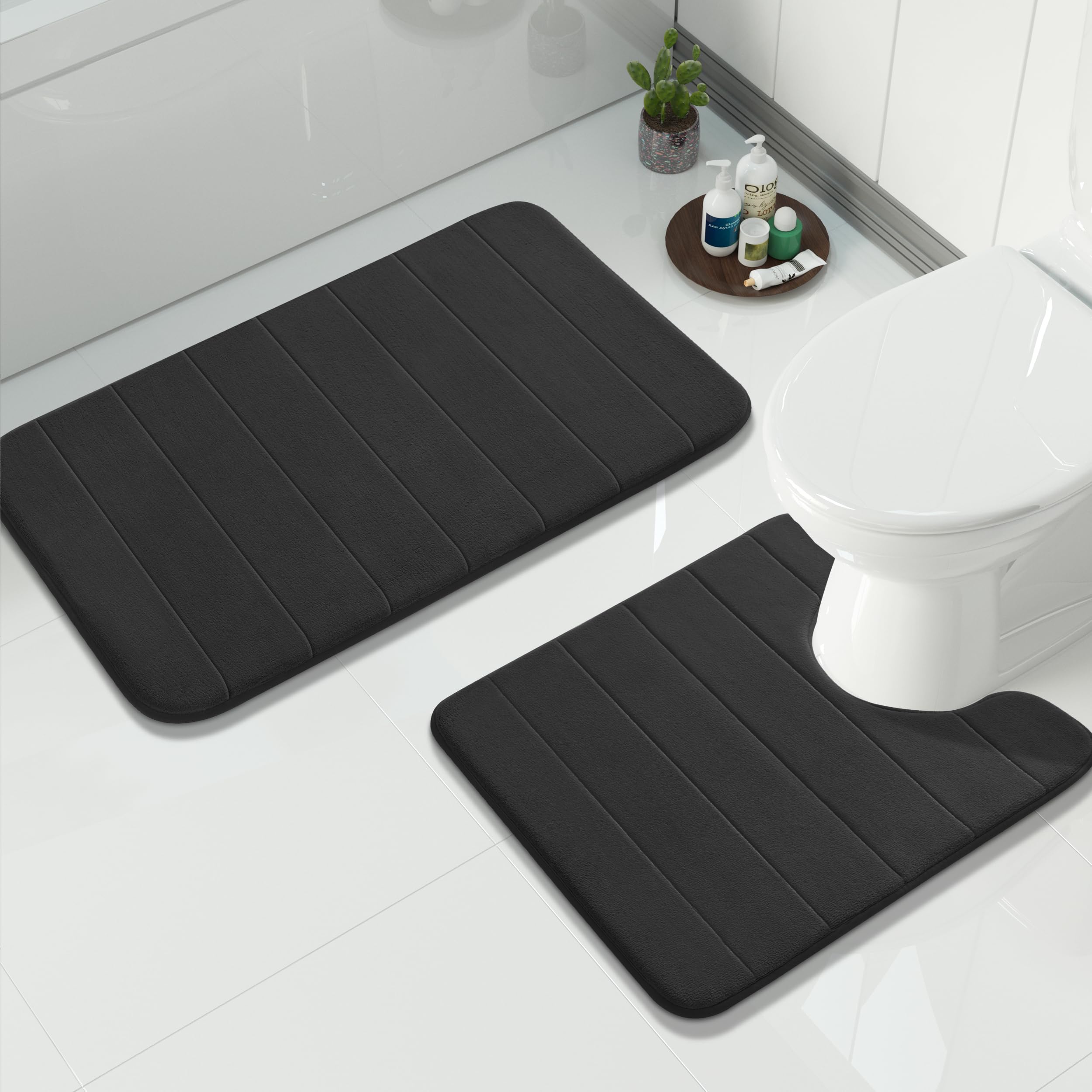 Yimobra U-Shaped Toilet Bath Mat Set 2 Piece - Super Soft Absorbent Quick Dry Memory Foam Bathroom Rugs, Machine Washable Non Slip Floor Carpet for Tub Shower & Single Sink (17x24 & 24x20, Gray)