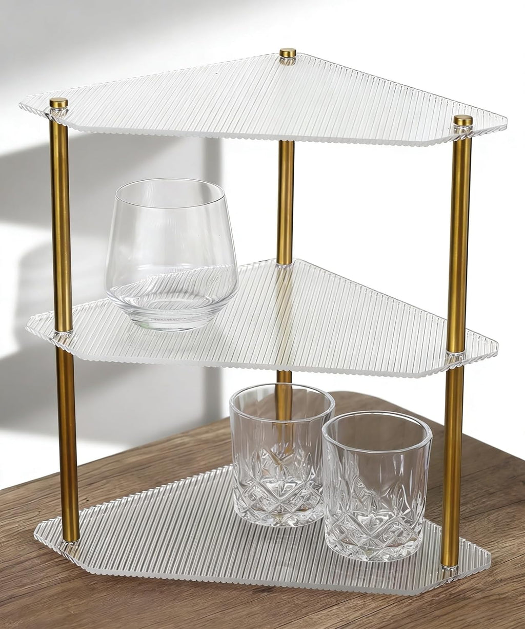3 Tier Bathroom Counter Organizer，Ribbed Acrylic Shelves with Gold Poles，Space-Saving Vanity Countertop Corner Storage for Skincare, Perfume, Makeup & Toiletries