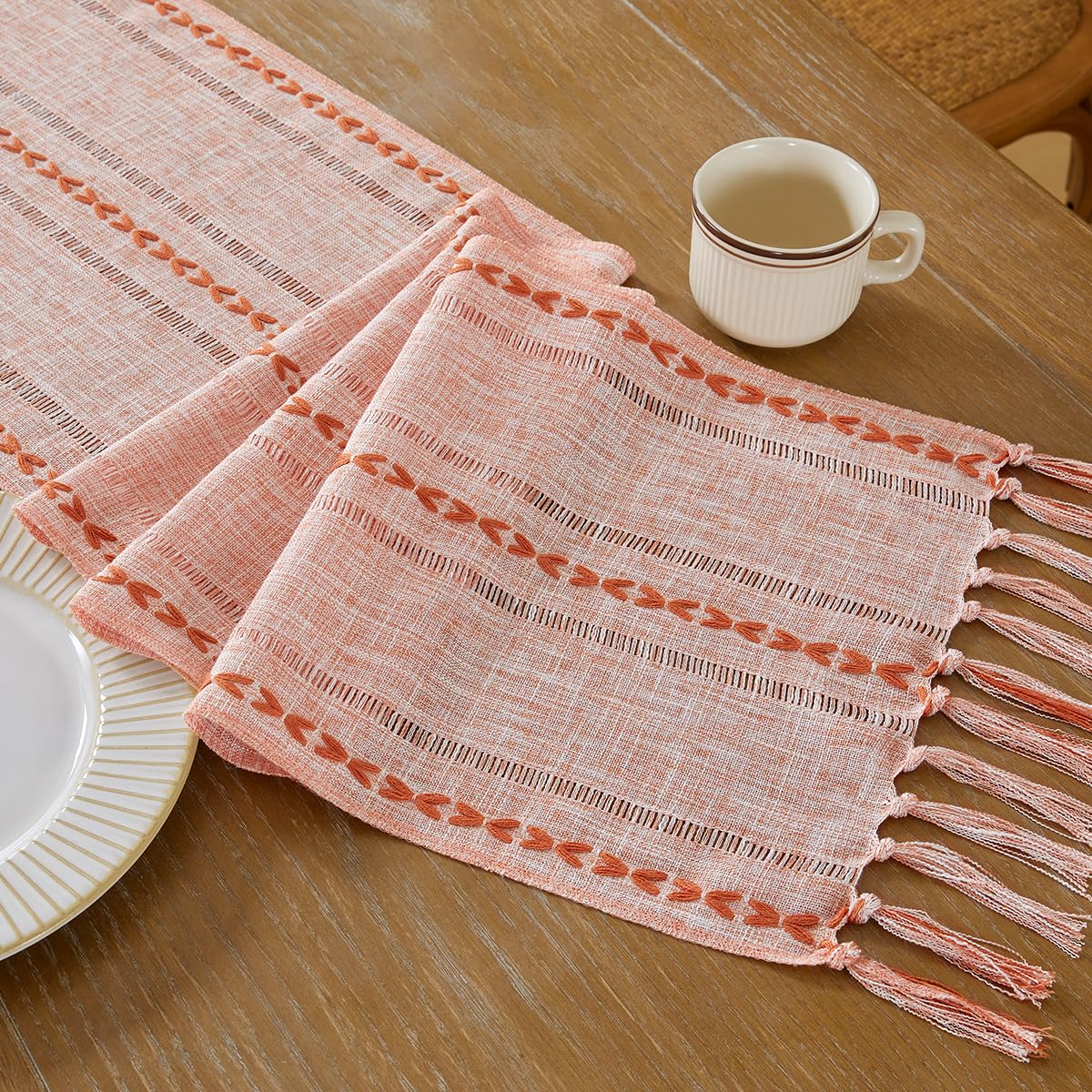 Wracra Rustic Linen Table Runner Farmhouse Style Table Runners 72 inches Long Embroidered Fall Table Runner with Hand-Tassels for Party, Dresser and Dining Room Decorations(Light Coffee, 13"×72")