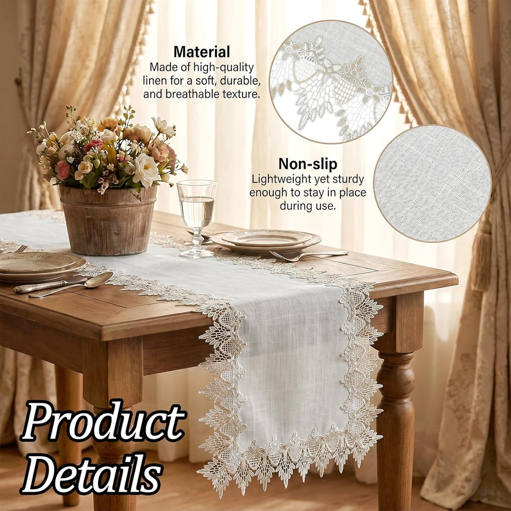 Natural Linen Table Runner, 36 inches Neutral Earth Tones Beige Lace Coffee Doily Tables Runner Dresser Scarf, Table Runners for Easter Summer Bedroom, Kitchen, Dining, Wedding Party Place Mats