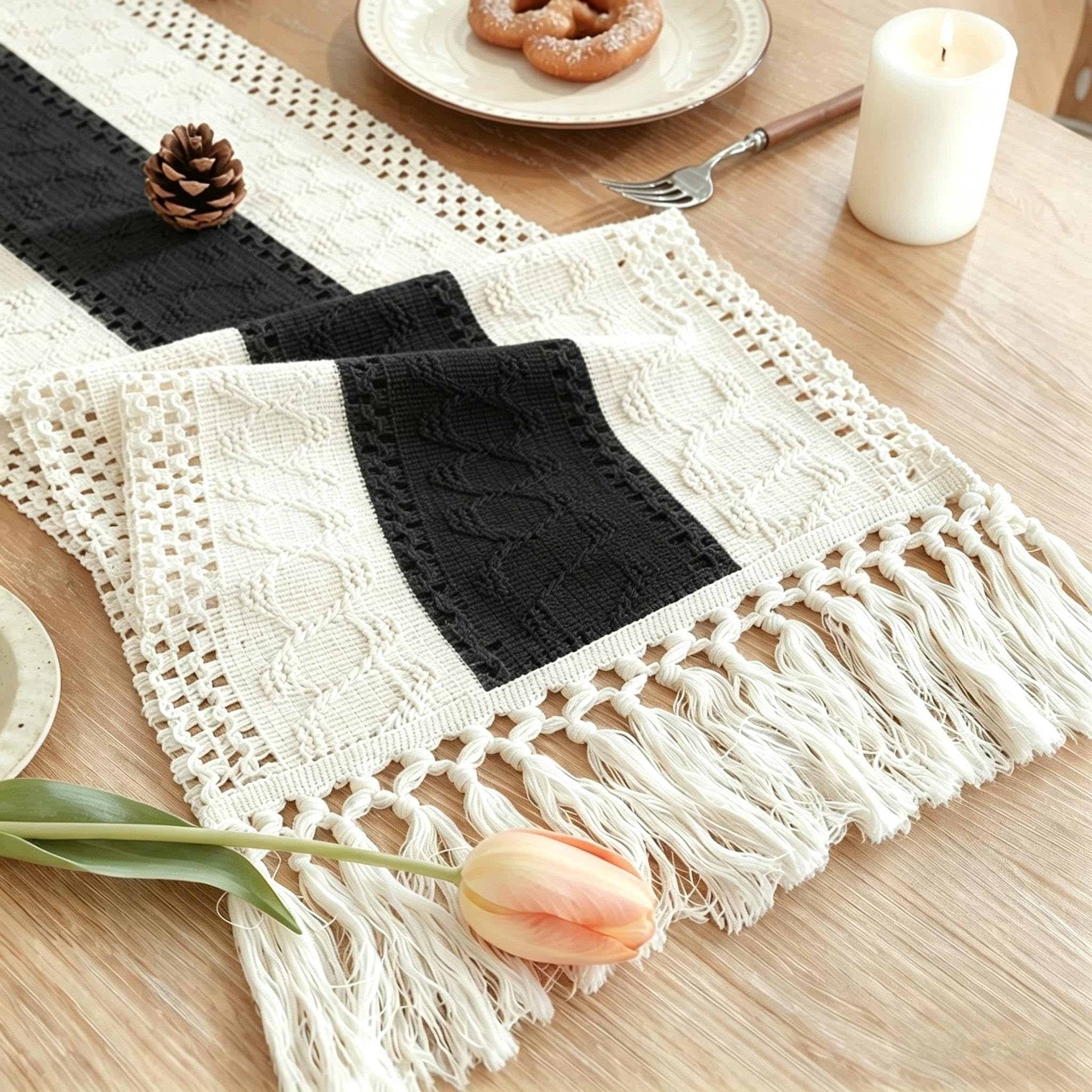 Boho Table Runner for Home Decor with Tassels 120 Inches Long Farmhouse Rustic Cream & Brown Table Runner Macrame Burlap Table Decoration for Living Room Bridal Shower(12x120 in, Fringe Included)