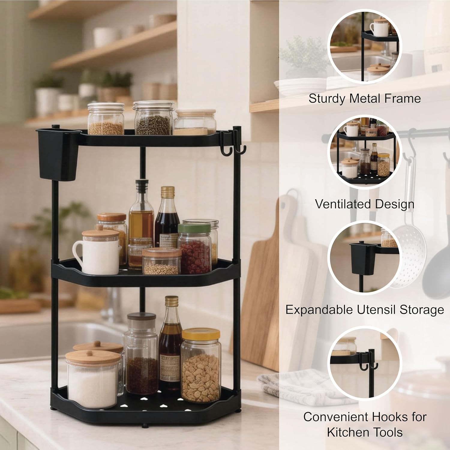 3-Tier Kitchen Counter Organizer & Corner Shelf with Hooks, Storage Box – Bathroom Countertop Shelf, Multi-Space 3-Tier Organizer for Kitchen, Bathroom