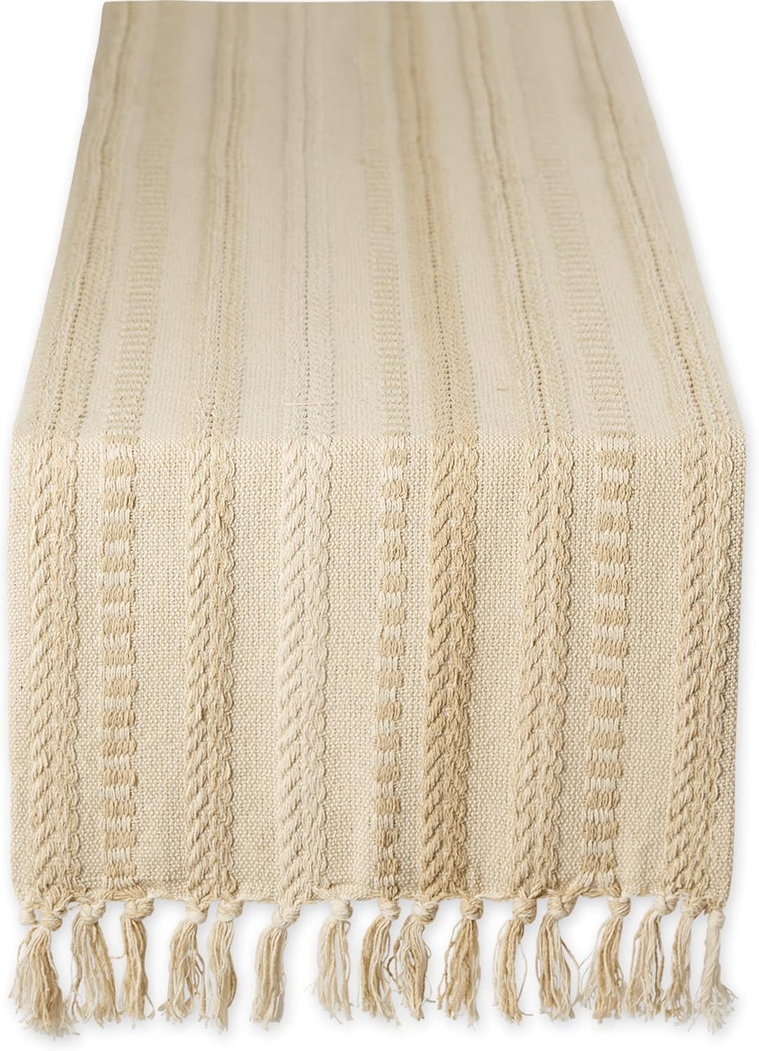 DII Farmhouse Braided Stripe Table Runner Collection, 15x108 (15x113, Fringe Included), Vintage Linen