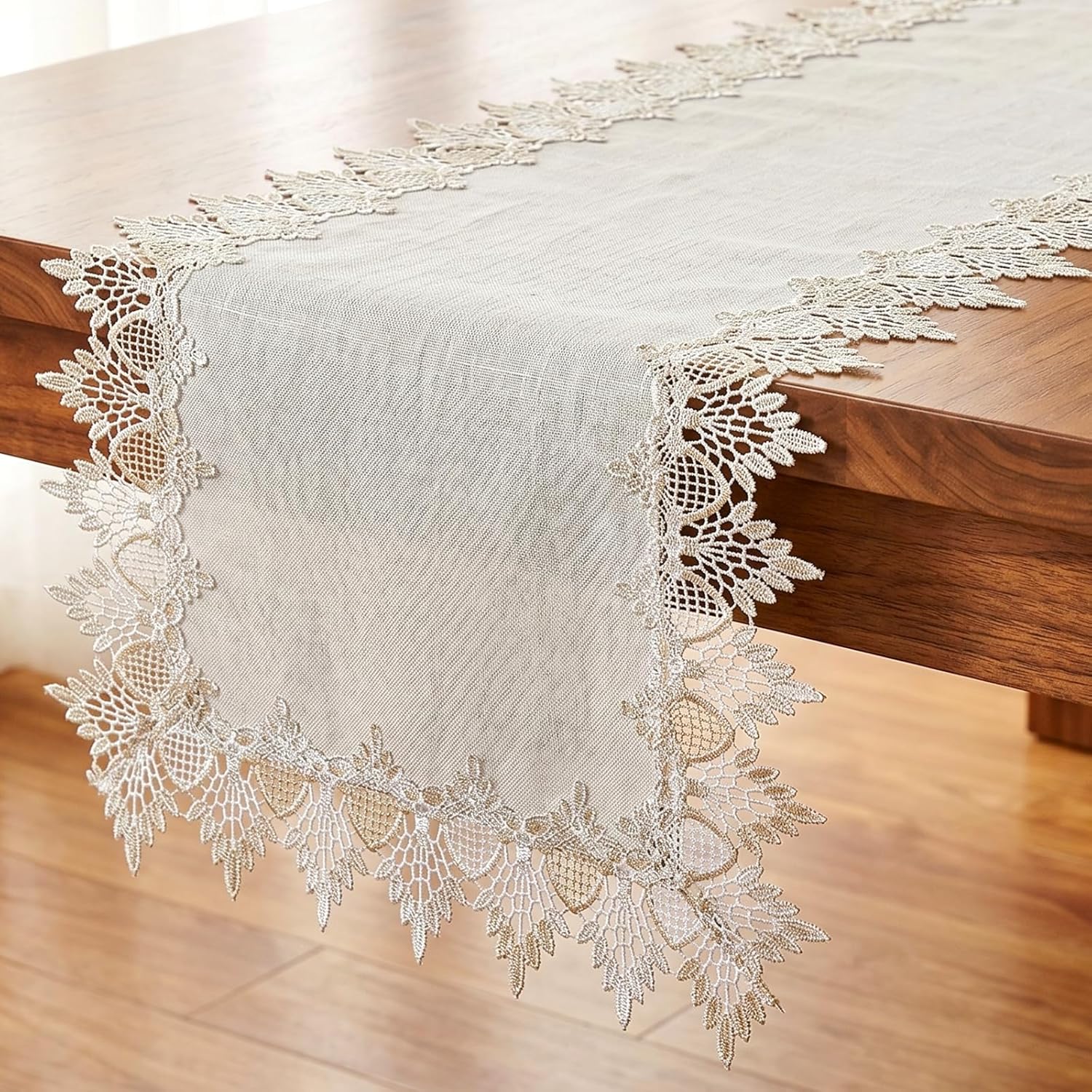 Natural Linen Table Runner, 36 inches Neutral Earth Tones Beige Lace Coffee Doily Tables Runner Dresser Scarf, Table Runners for Easter Summer Bedroom, Kitchen, Dining, Wedding Party Place Mats
