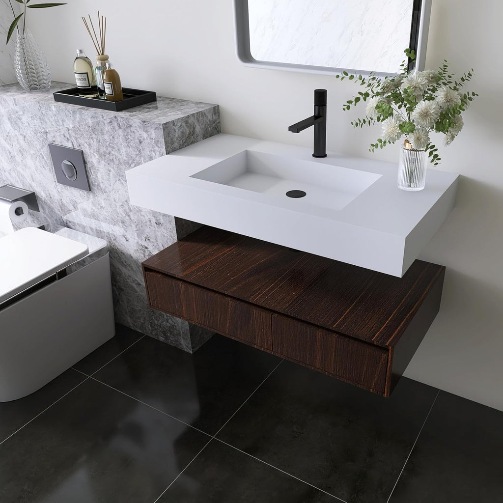 35'' Wall Mount Sink Matte Bathroom Vanity Vessel Sinks Artificial Stone Rectanglee Indoor Outdoors Modern Floating or Countertop Freestanding Wall Hang Sink Bowl (single Holes 35'')