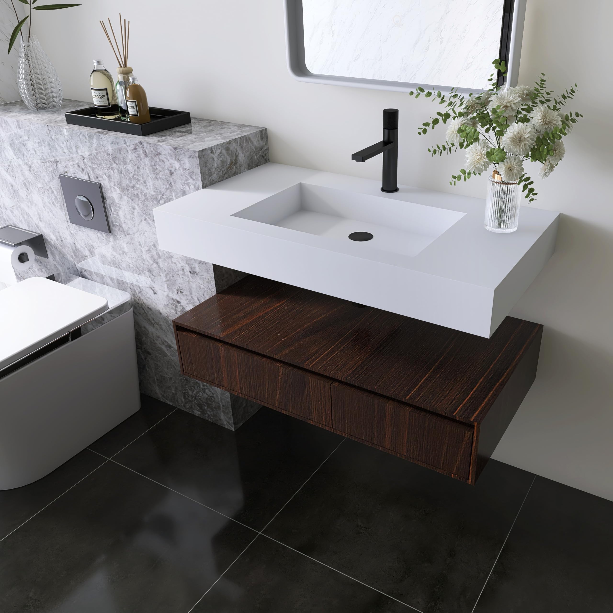 35'' Wall Mount Sink Matte Bathroom Vanity Vessel Sinks Artificial Stone Rectanglee Indoor Outdoors Modern Floating or Countertop Freestanding Wall Hang Sink Bowl (single Holes 35'')