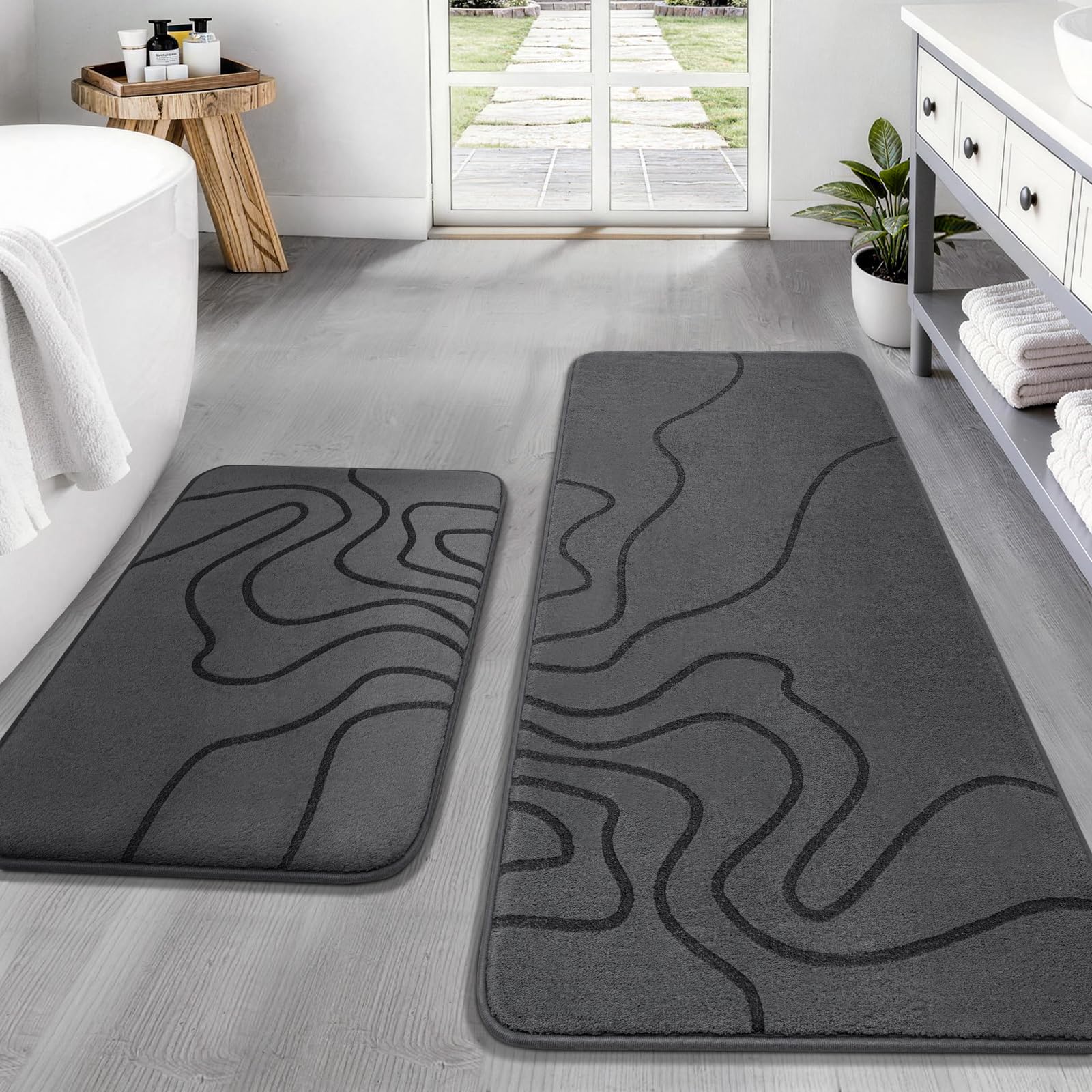 YIHOUSE Memory Foam Bathroom Rugs Sets 2 Piece - Extra Thick Ultra Soft Absorbent Bath Mat Set, Non-Slip Machine Washable Bath Rugs for Bathroom, Tub & Shower, Home Decor (32"x20"+24"x17", Dark Grey)
