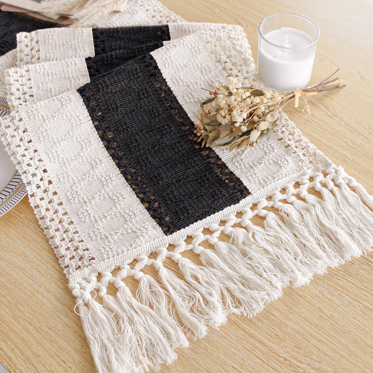 FEXIA Boho Table Runner with Tassels for Summer Home Decor Farmhouse Rustic Burlap Table Decoration for Living Room Dining Room Graduation Decor (12x72 Inches)