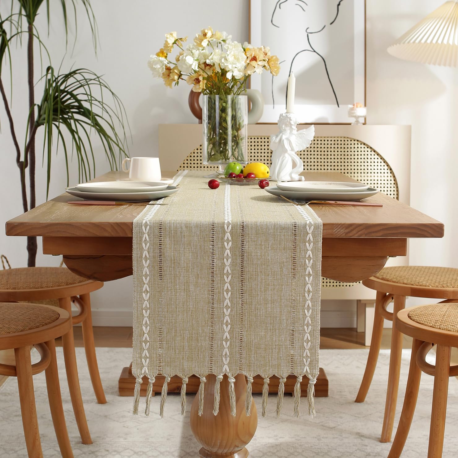 Wracra Rustic Linen Table Runner Farmhouse Style Table Runners 72 inches Long Embroidered Fall Table Runner with Hand-Tassels for Party, Dresser and Dining Room Decorations(Light Coffee, 13"×72")
