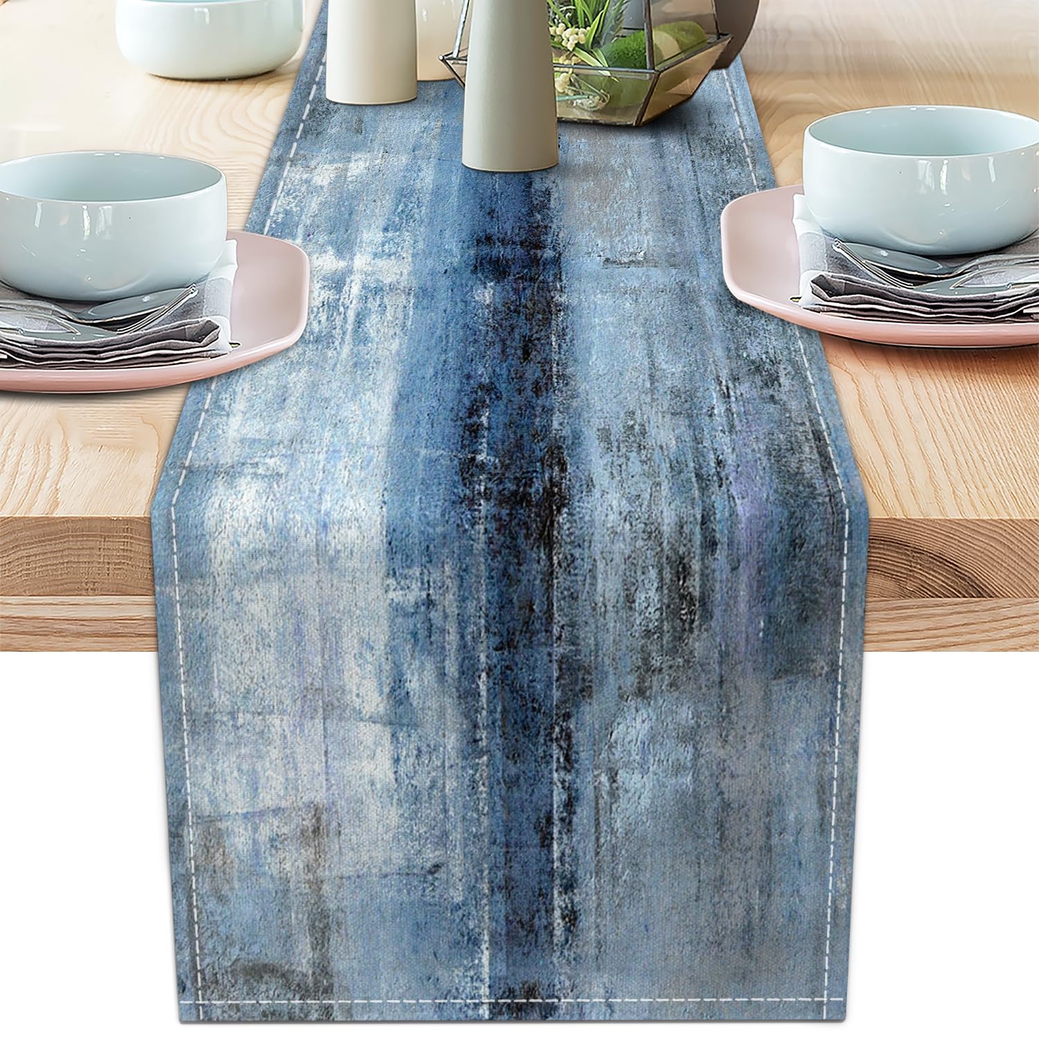 Blue Grey Table Runners Modern Art Farmhouse Linen Table Runners Dresser Scarves Retro Rustic Style for Party Kitchen Dining Table Coffee Holiday Party Decor (Blue Grey, 13"x 71")