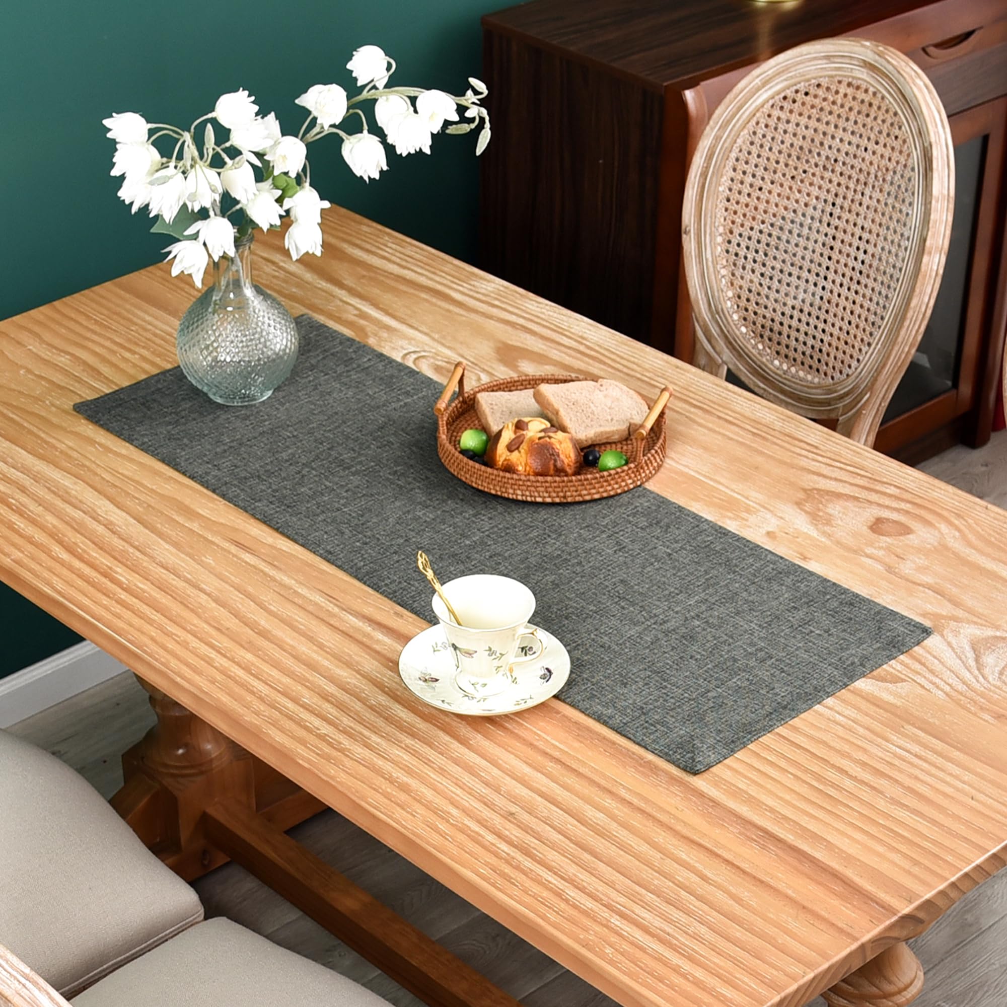 NEWISHER Farmhouse Rustic Table Runner Solid Beige Rectangular Table Runners Faux Linen Table Runner for Everyday Use Kitchen Dining Party Table 13x36 Inch