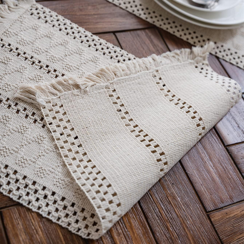 Macrame Table Runner Cream Beige Boho Table Runners with Tassels Hand Woven Cotton Table Runner Rustic Farmhouse Table Runners for Bohemian Kitchen Dining Table(12x71in)