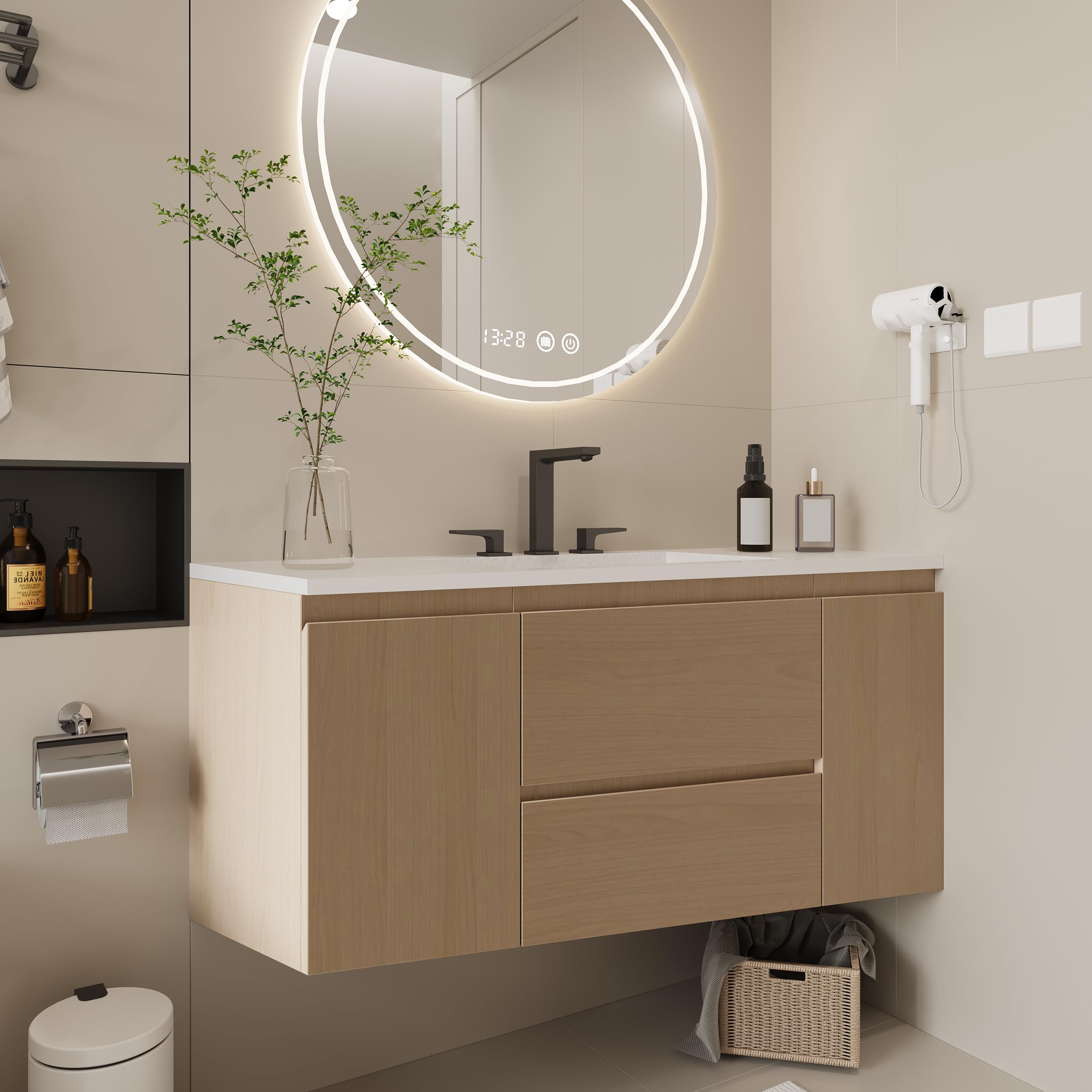 Wall-Mounted Bathroom Vanity 36" – Modern Floating Vanity with Soft-Close Drawers, Plywood Construction, Laminate Finish, Space-Saving Design (Cosmo Sand)