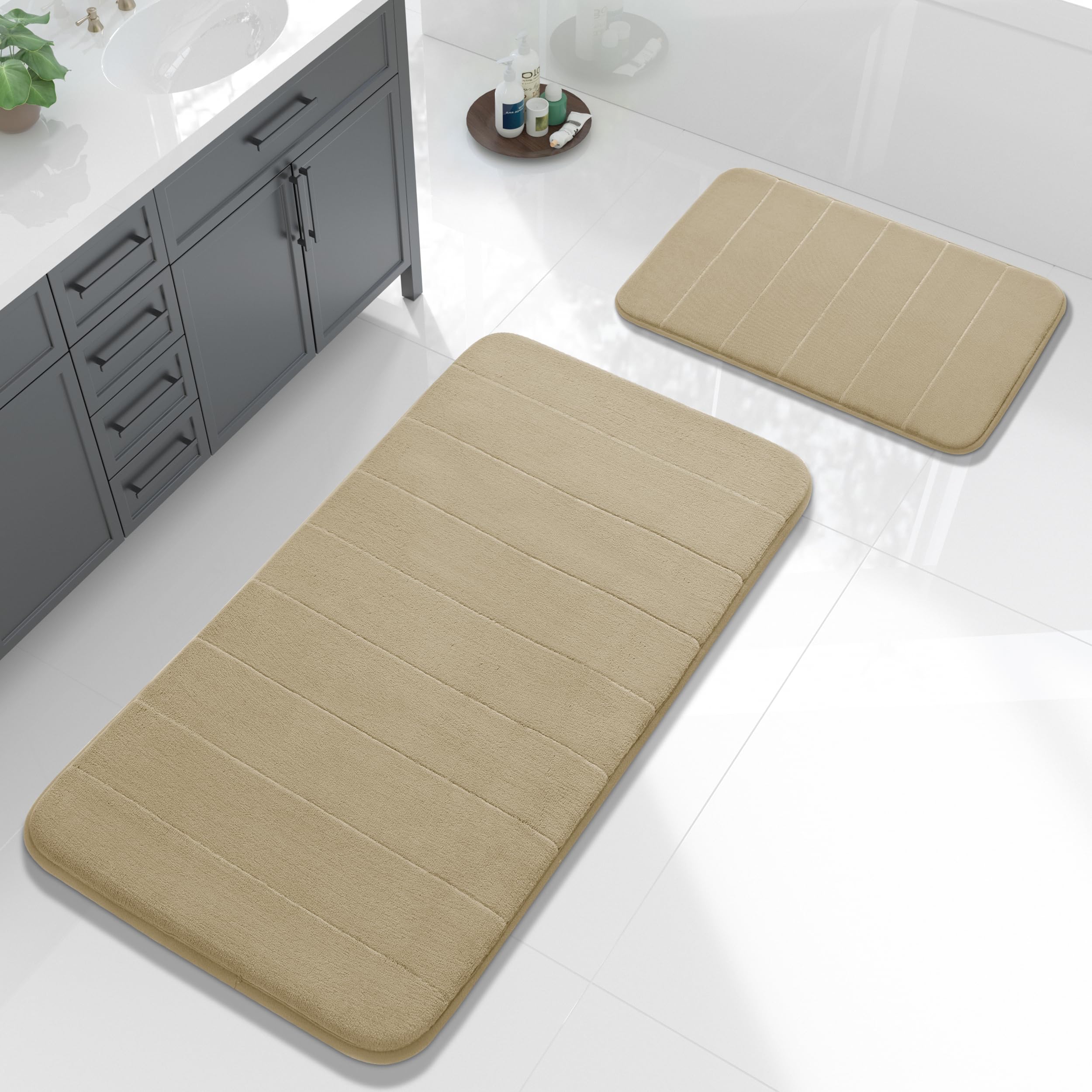 Yimobra U-Shaped Toilet Bath Mat Set 2 Piece - Super Soft Absorbent Quick Dry Memory Foam Bathroom Rugs, Machine Washable Non Slip Floor Carpet for Tub Shower & Single Sink (17x24 & 24x20, Gray)