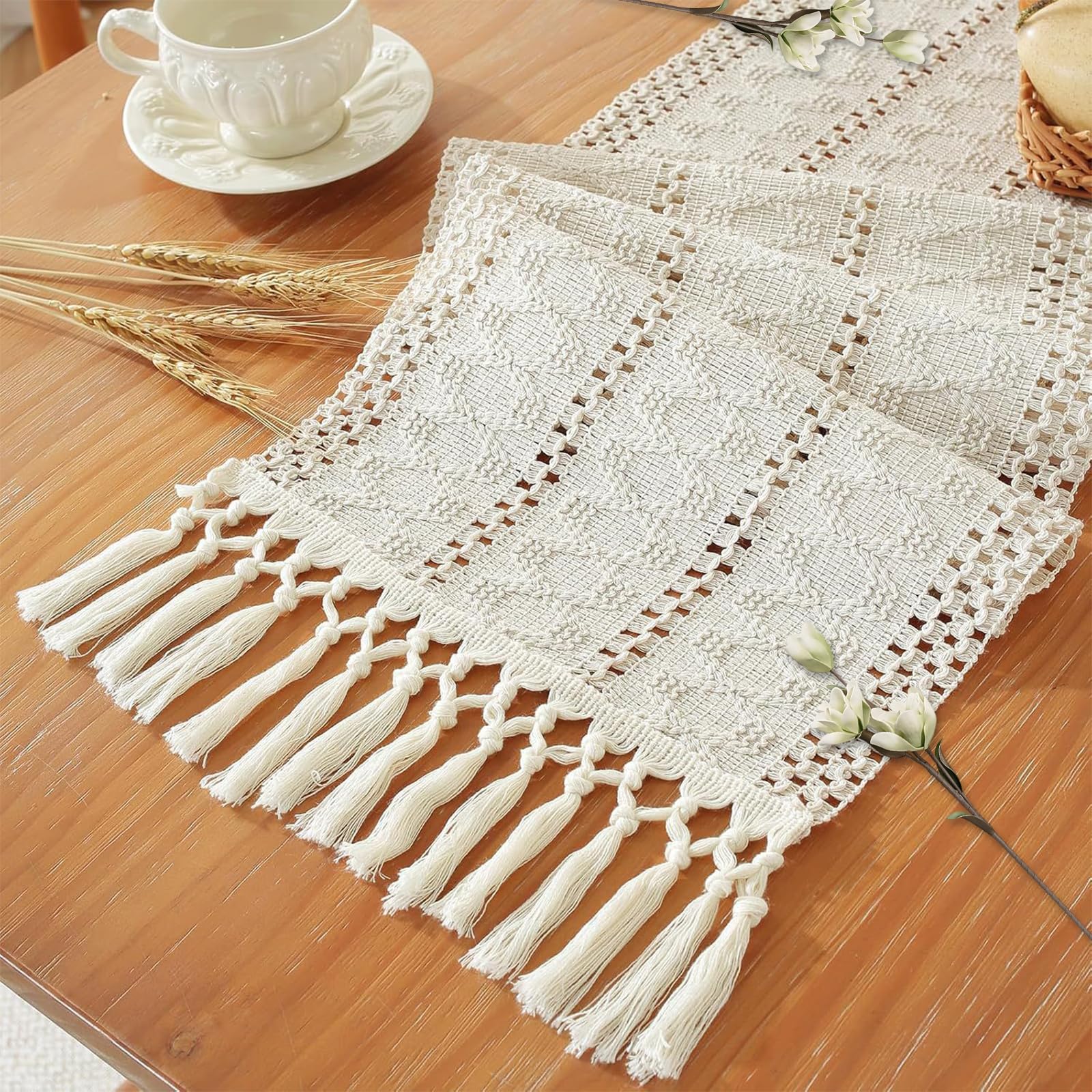 Boho Table Runner for Home Decor with Tassels 120 Inches Long Farmhouse Rustic Cream & Brown Table Runner Macrame Burlap Table Decoration for Living Room Bridal Shower(12x120 in, Fringe Included)