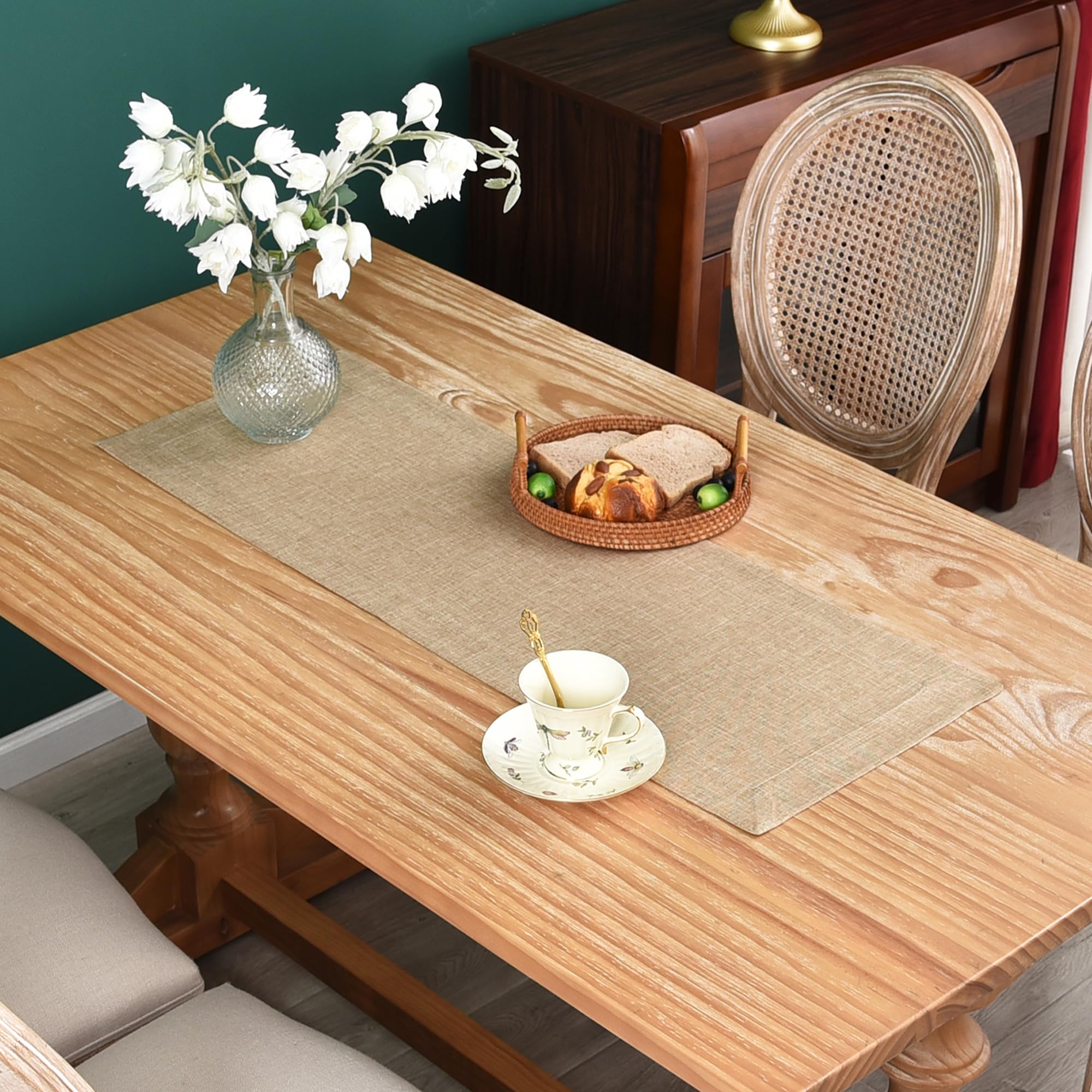 NEWISHER Farmhouse Rustic Table Runner Solid Beige Rectangular Table Runners Faux Linen Table Runner for Everyday Use Kitchen Dining Party Table 13x36 Inch