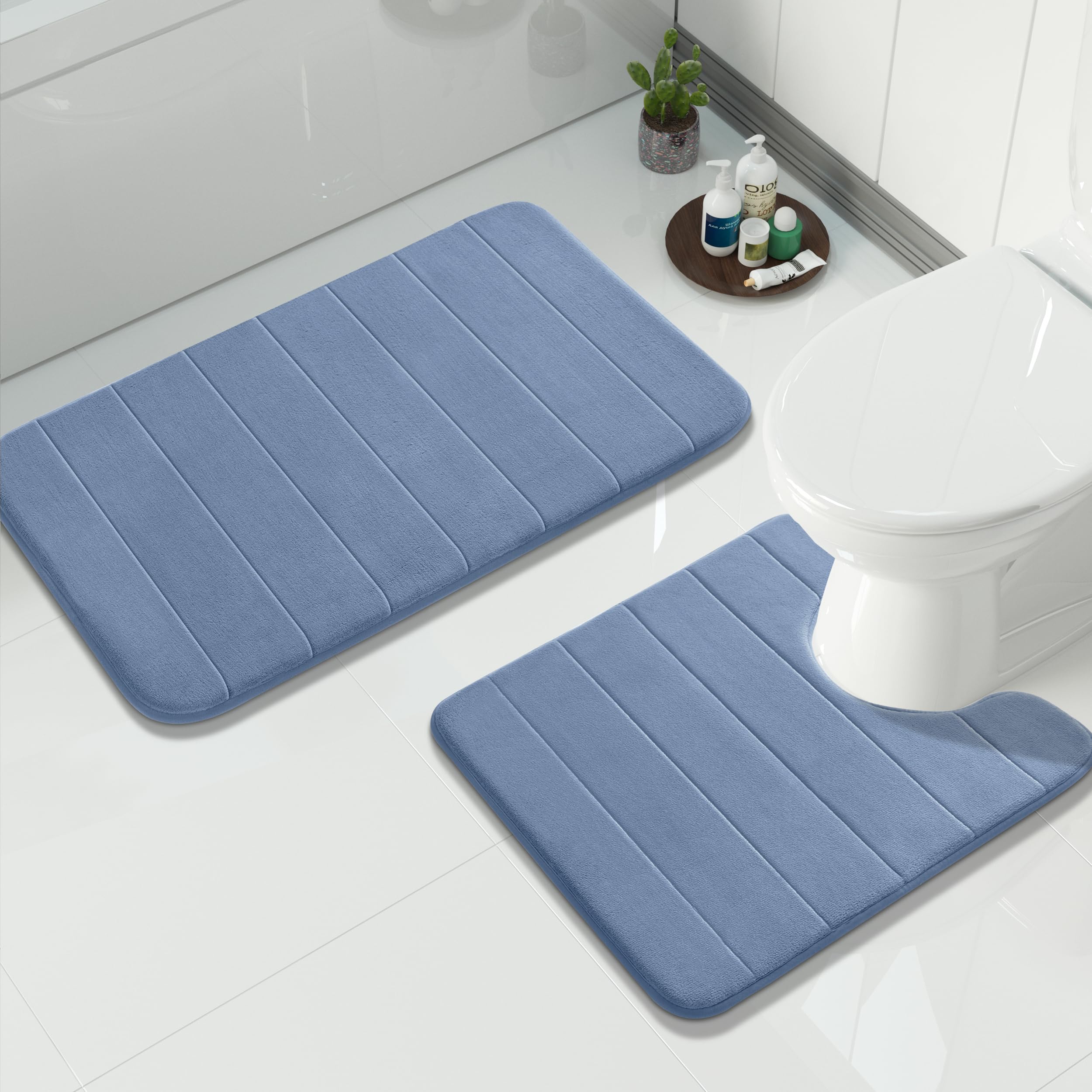 Yimobra U-Shaped Toilet Bath Mat Set 2 Piece - Super Soft Absorbent Quick Dry Memory Foam Bathroom Rugs, Machine Washable Non Slip Floor Carpet for Tub Shower & Single Sink (17x24 & 24x20, Gray)