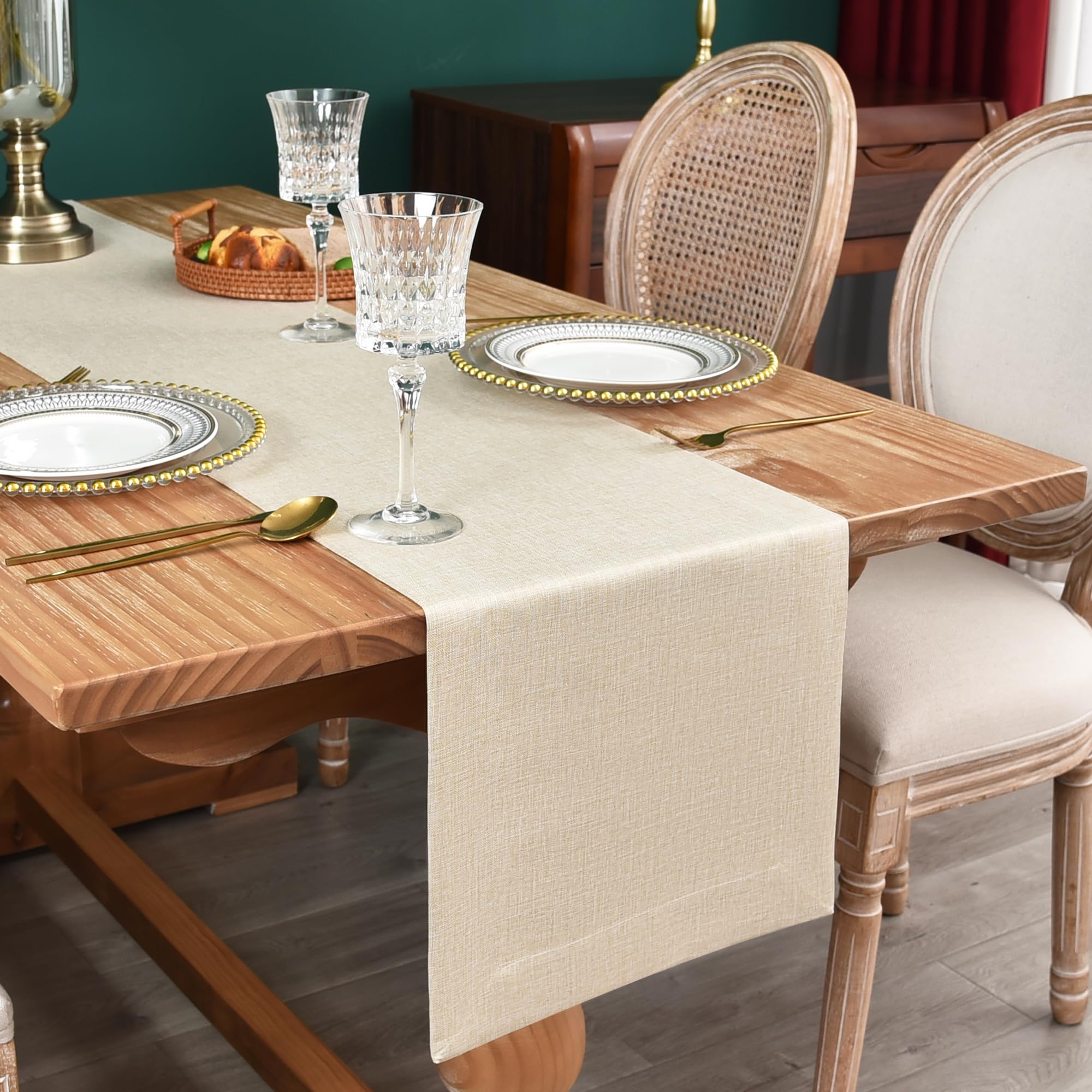 NEWISHER Farmhouse Rustic Table Runner Solid Beige Rectangular Table Runners Faux Linen Table Runner for Everyday Use Kitchen Dining Party Table 13x36 Inch