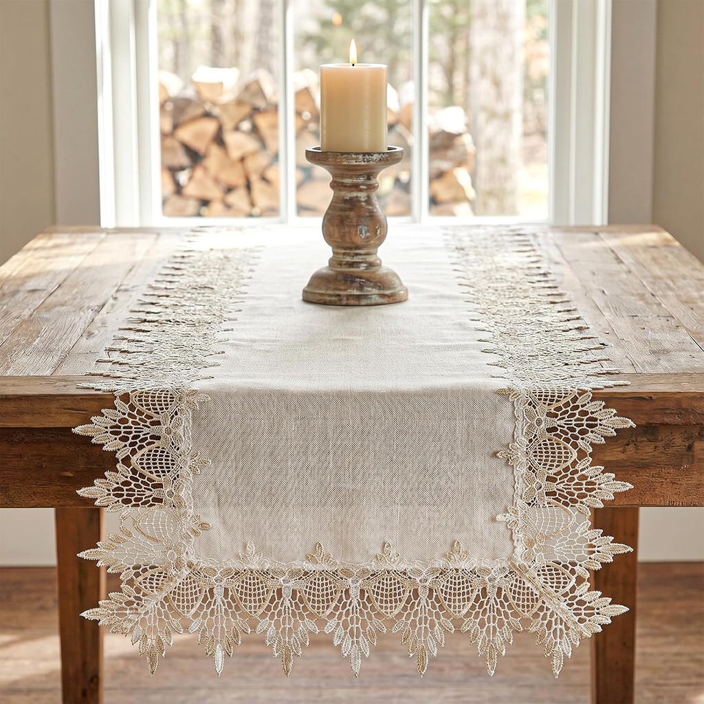 Natural Linen Table Runner, 36 inches Neutral Earth Tones Beige Lace Coffee Doily Tables Runner Dresser Scarf, Table Runners for Easter Summer Bedroom, Kitchen, Dining, Wedding Party Place Mats
