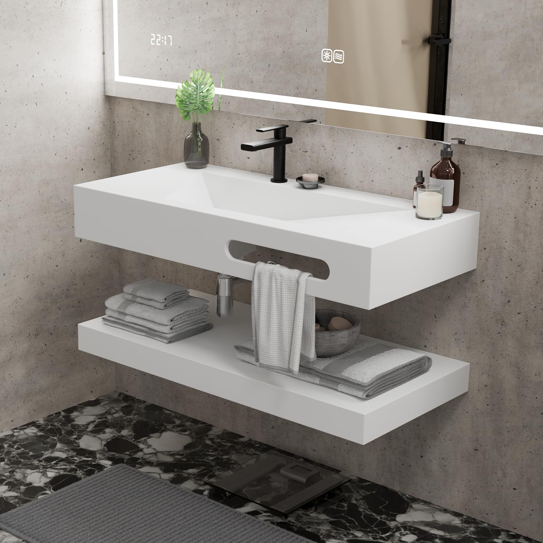 QJ&XY Resin Bathroom Sink 48" Wall Mounted V-Shaped White Basin with Towel Rack, Floating Vanity Sink in Soft-Touch Finish (Double Tier)