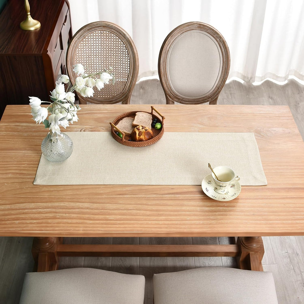 NEWISHER Farmhouse Rustic Table Runner Solid Beige Rectangular Table Runners Faux Linen Table Runner for Everyday Use Kitchen Dining Party Table 13x36 Inch