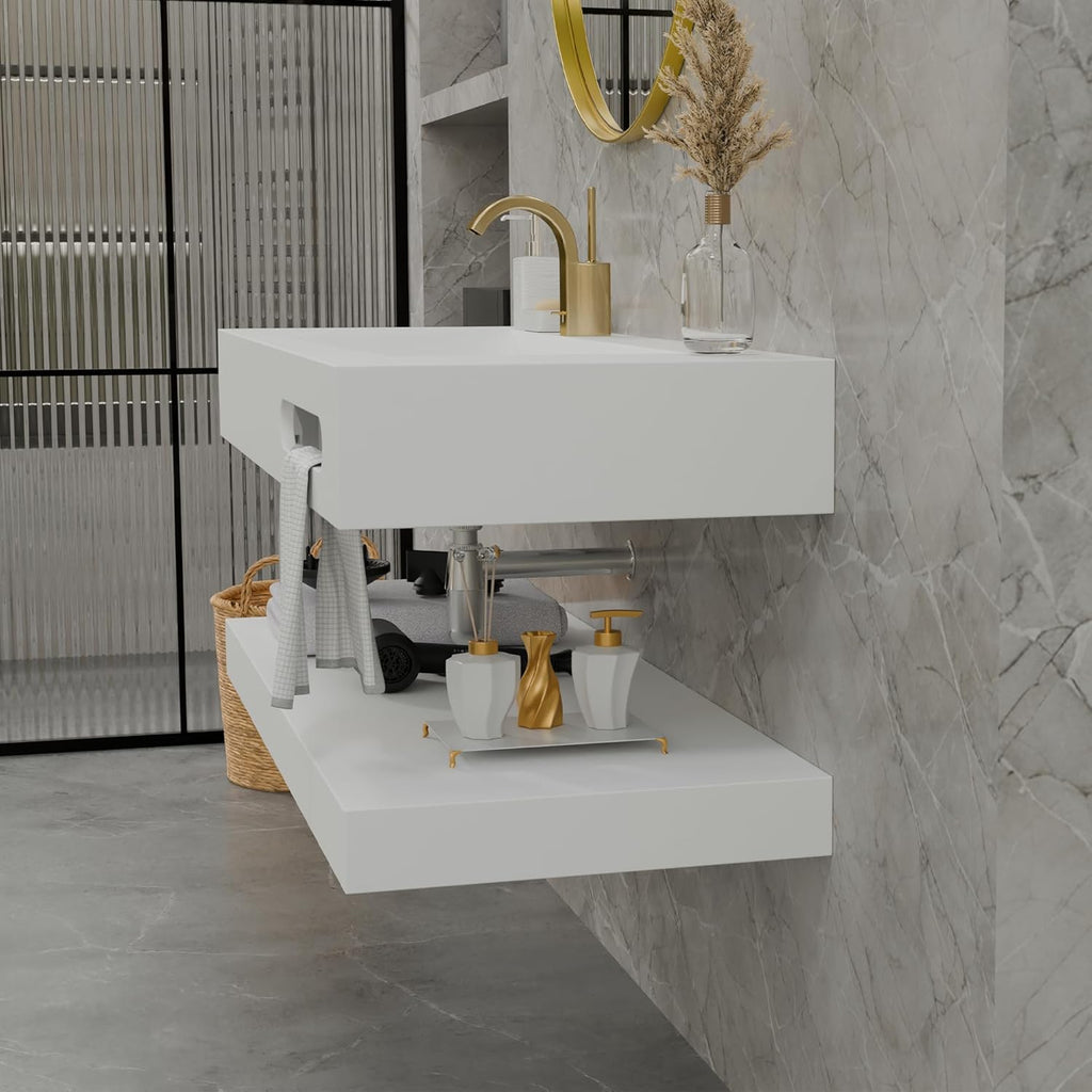 QJ&XY Resin Bathroom Sink 48" Wall Mounted V-Shaped White Basin with Towel Rack, Floating Vanity Sink in Soft-Touch Finish (Double Tier)