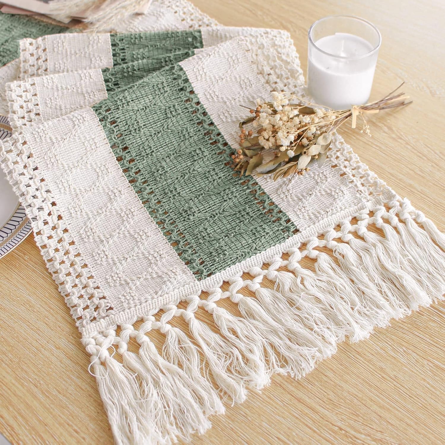 FEXIA Boho Table Runner with Tassels for Summer Home Decor Farmhouse Rustic Burlap Table Decoration for Living Room Dining Room Graduation Decor (12x72 Inches)