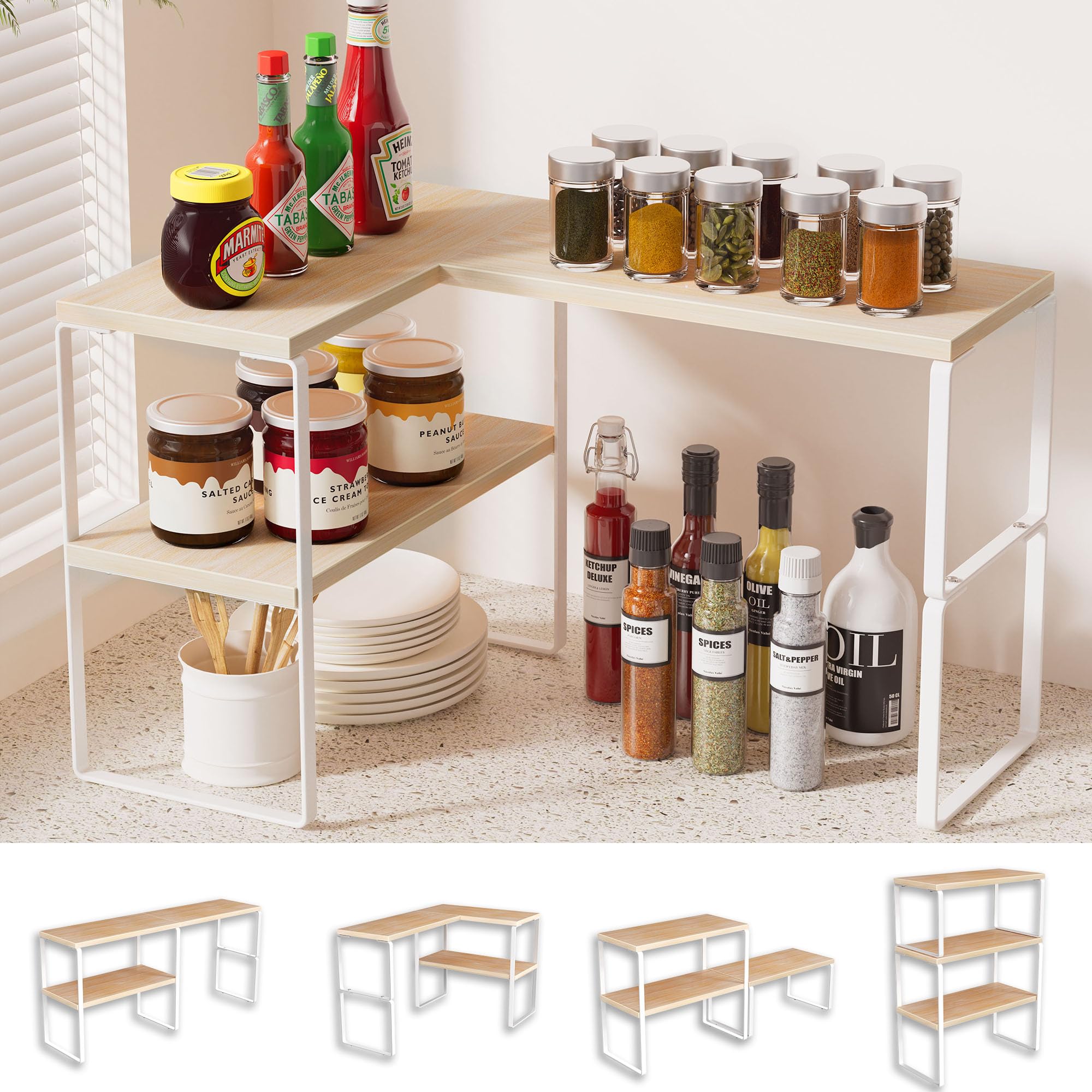 Golener Countertop Organizer Corner Shelf, 2-Tier Adjustable Stackable Corner Shelves for Kitchen, Spice Rack, Coffee Area, Over Sink, Bathroom, Dresser Table, Corner Counter Shelf Stand, Rustic Brown