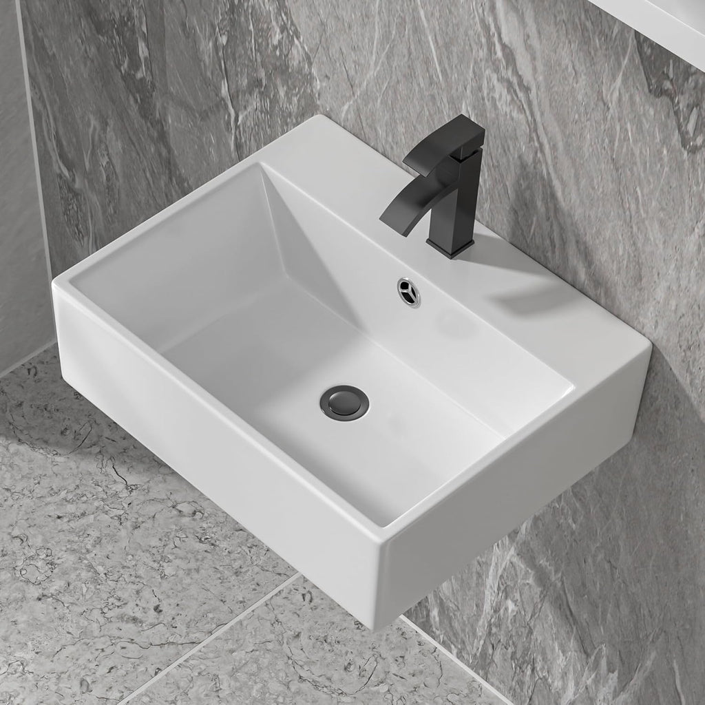 Floating Vessel Sink For Bathroom - Fulorni 20"x17" Bathroom Vessel Sink Rectangular Wall Mounted White Ceramic Porcelain Vanity Sink Bowl Basin