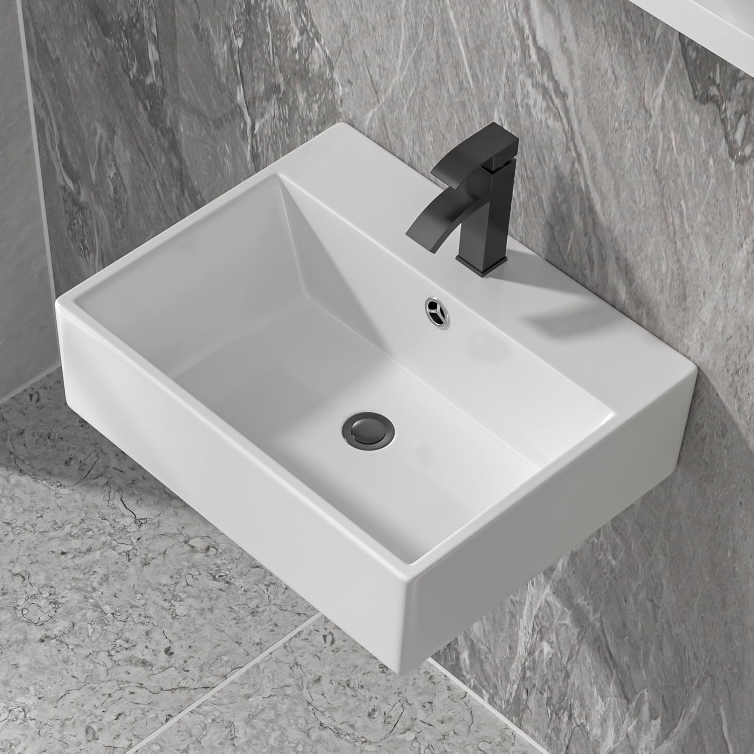 Floating Vessel Sink For Bathroom - Fulorni 20"x17" Bathroom Vessel Sink Rectangular Wall Mounted White Ceramic Porcelain Vanity Sink Bowl Basin